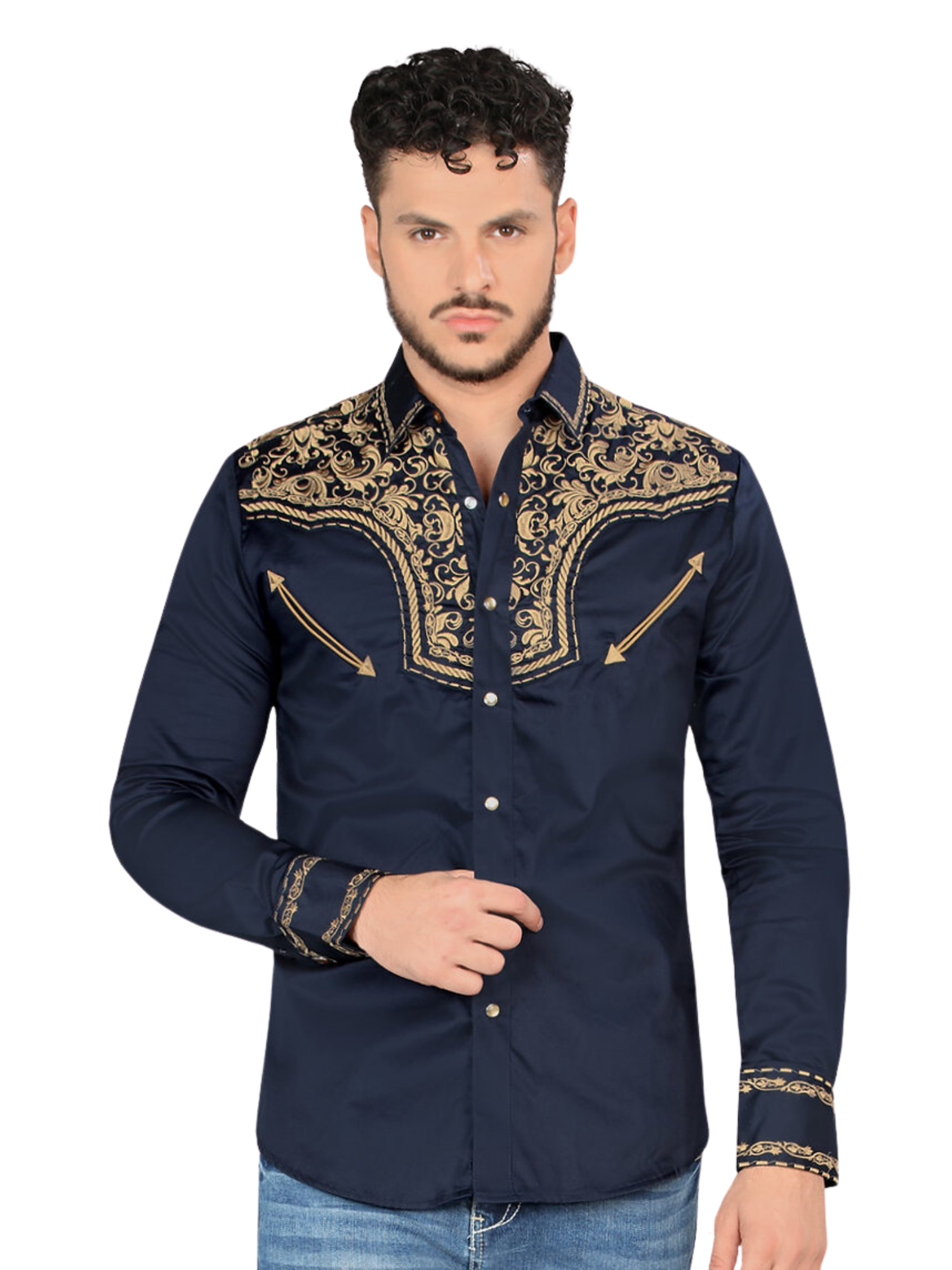 Camisa Vaquera Bordada Manga Larga para Hombre 'Montero' - ID: 3544 Camisas Bordadas Montero Navy