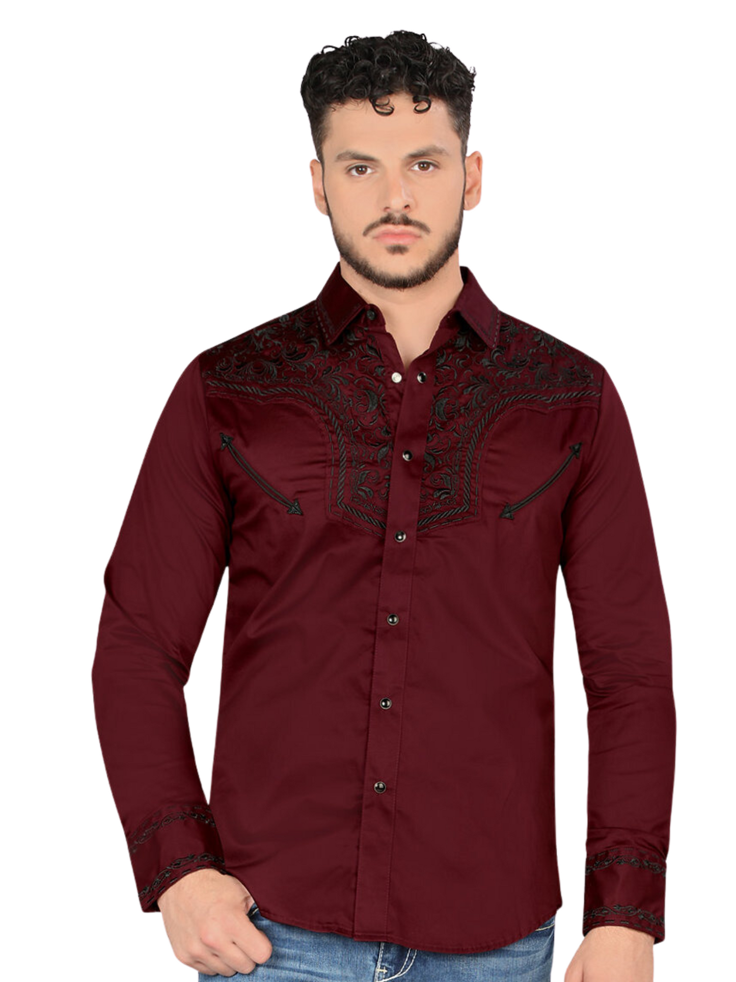 Camisa Vaquera Bordada Manga Larga para Hombre 'Montero' - ID: 3544 Camisas Bordadas Montero Wine