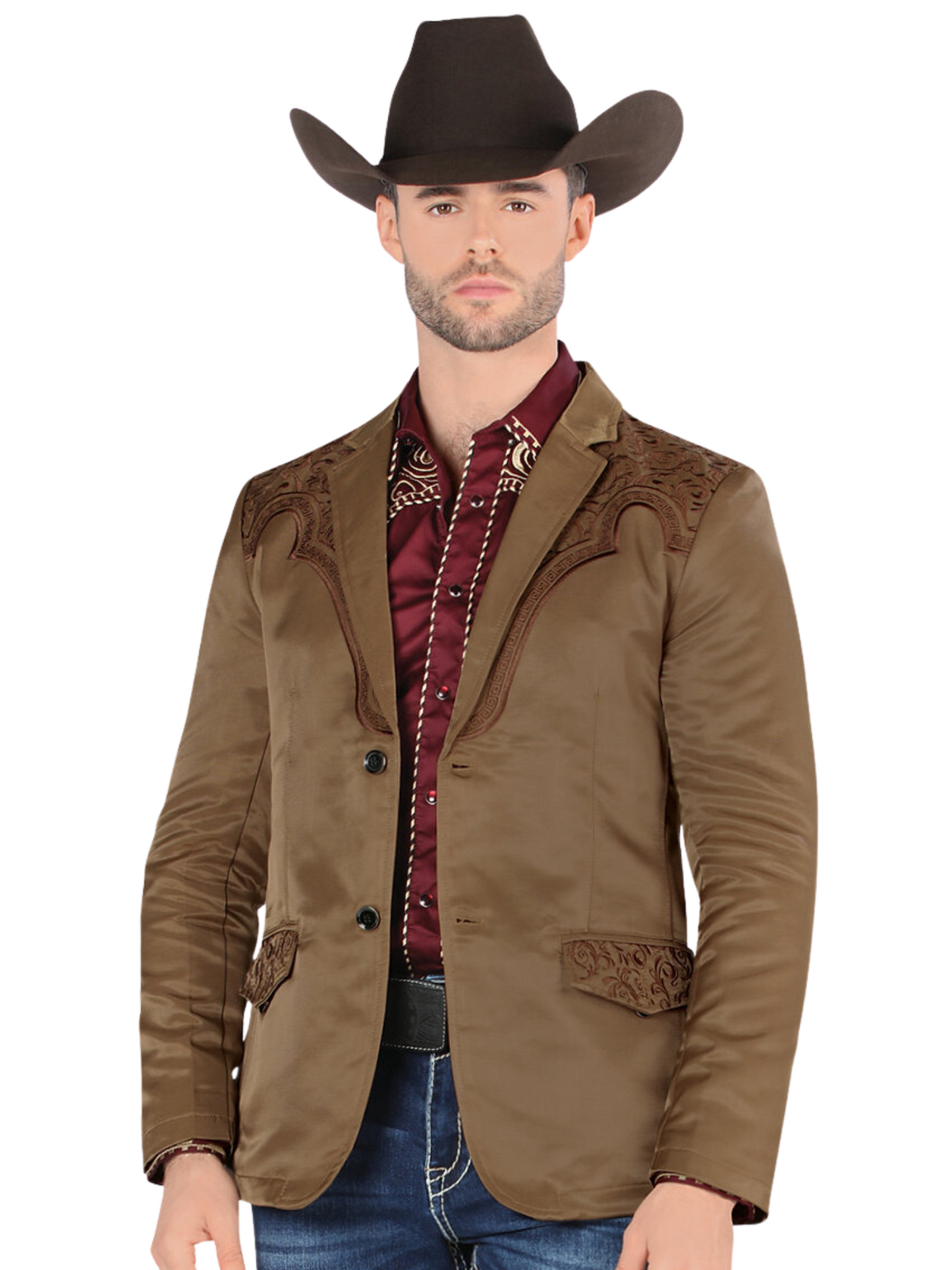 Embroidered Denim Jacket for Men 'Montero' - ID: 2179 Western Blazer Montero Light Brown