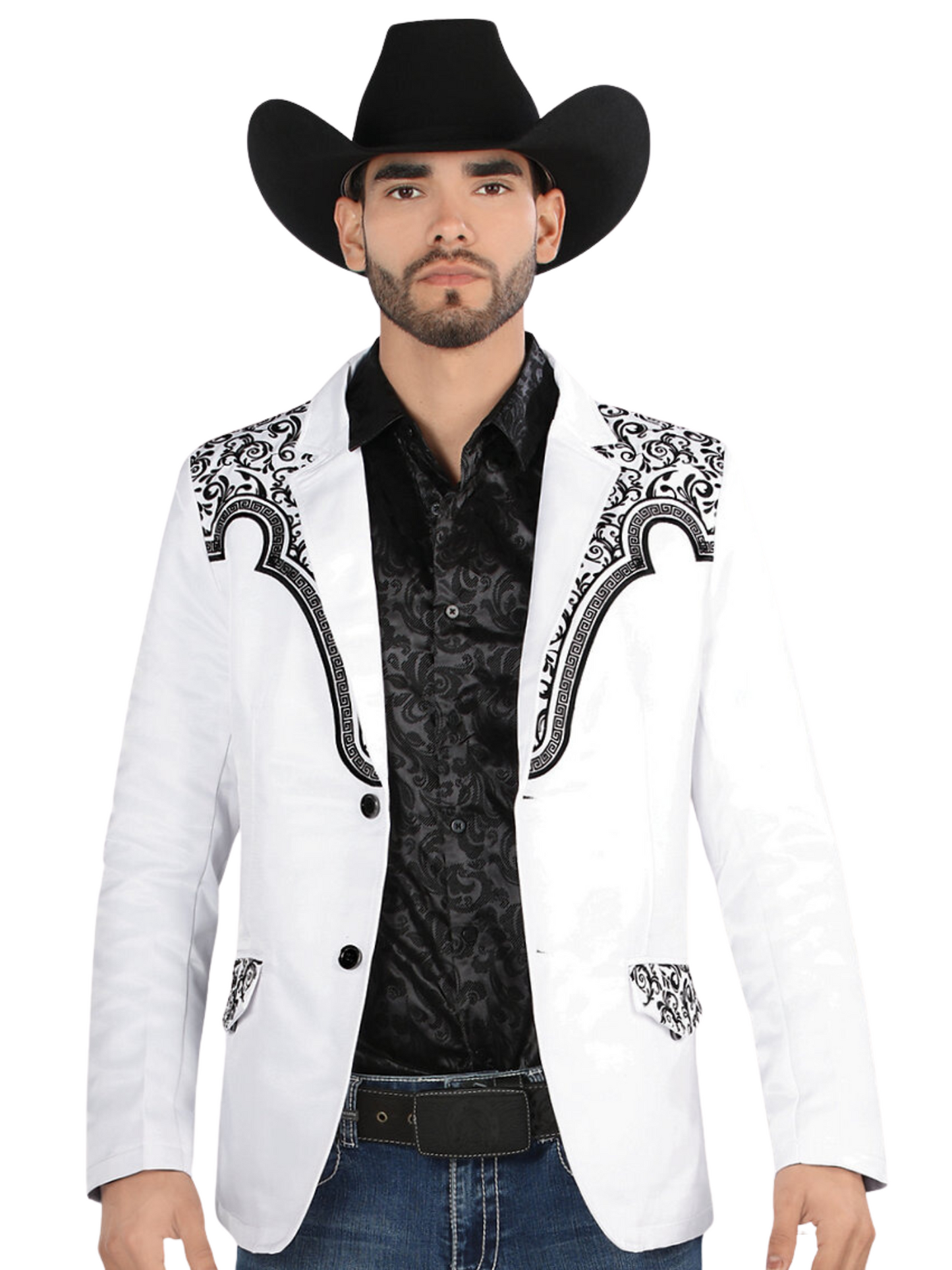 Embroidered Denim Jacket for Men 'Montero' - ID: 2179 Western Blazer Montero White