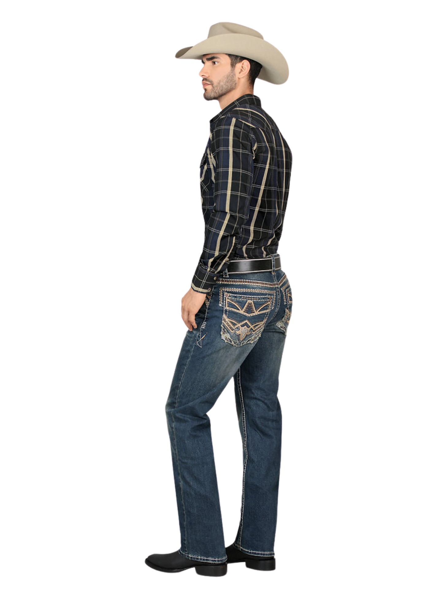 Pantalon Vaquero de Mezclilla Bordado Stretch Boot Cut para Hombre 'Montero' - ID: 4620 Pantalones de Vaquero Montero 