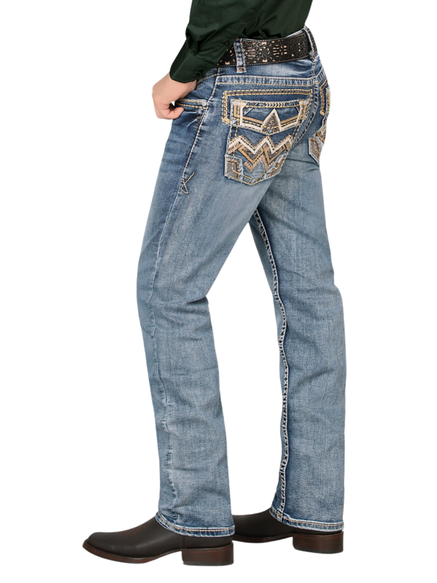 Pantalon Vaquero de Mezclilla Bordado Stretch Boot Cut para Hombre 'Montero' - ID: 4622 Pantalones de Vaquero Montero 