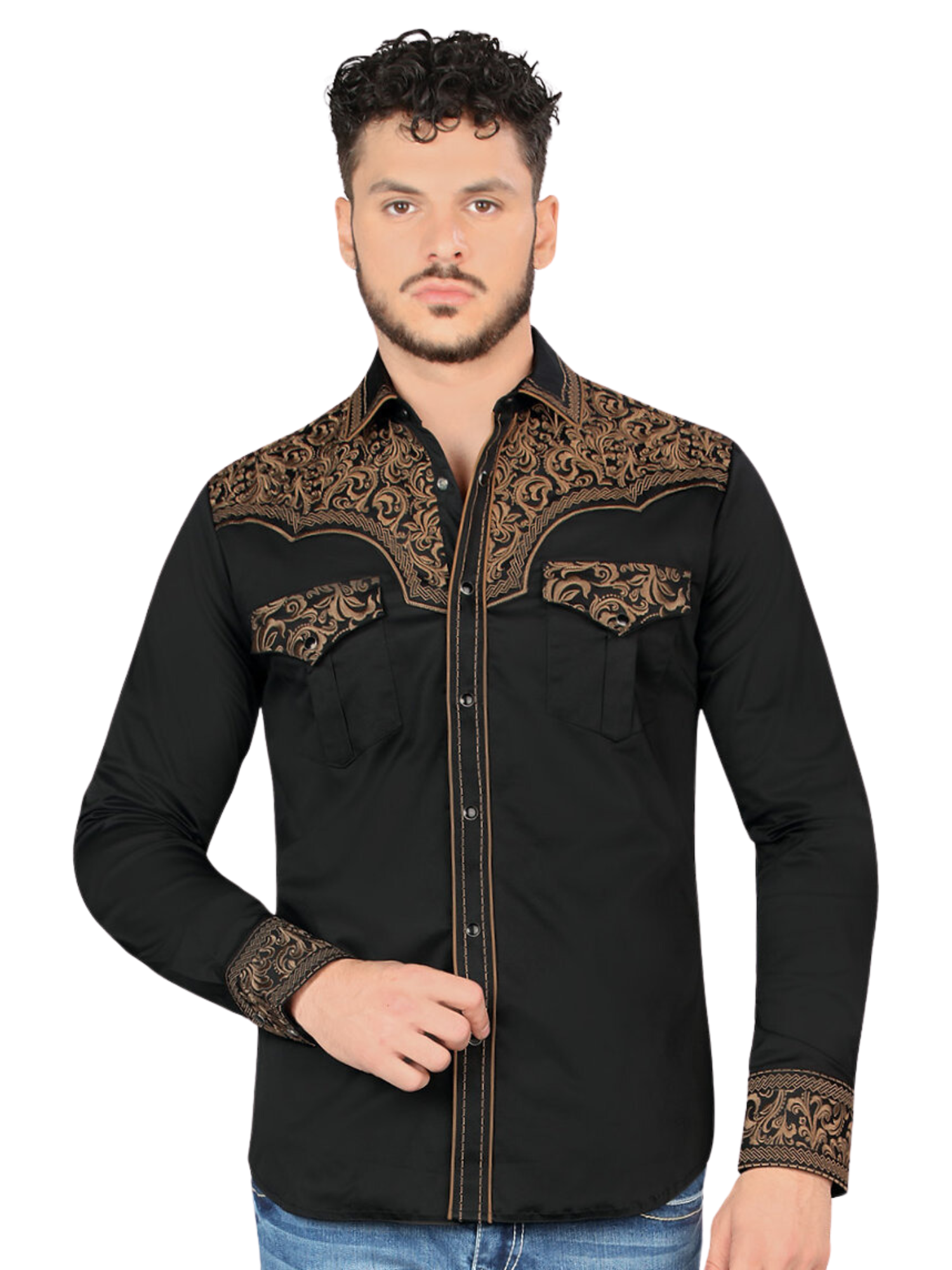 Camisa Vaquera Bordada Manga Larga para Hombre 'Montero' - ID: 3545 Camisas Bordadas Montero Black/Khaki