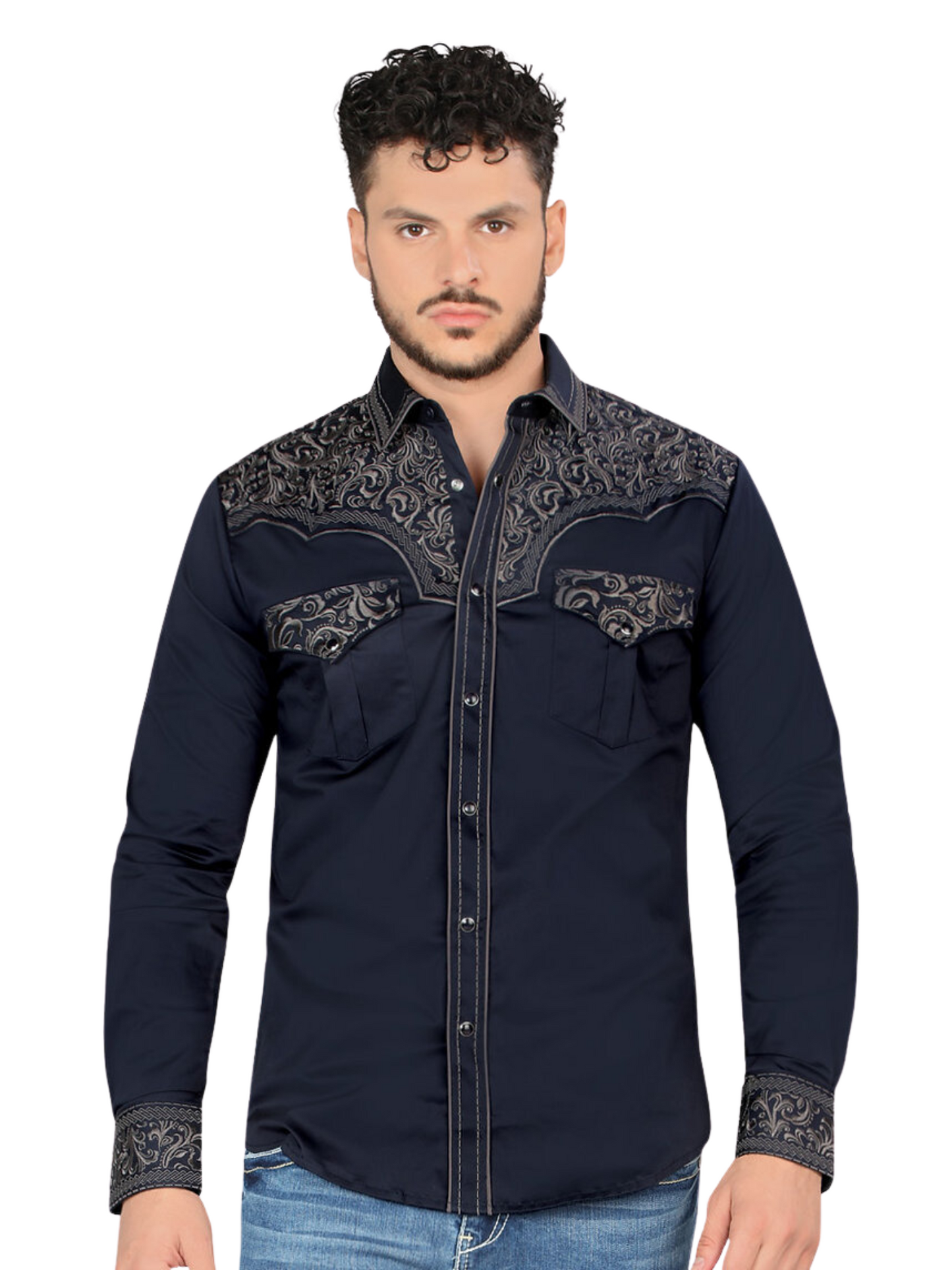 Camisa Vaquera Bordada Manga Larga para Hombre 'Montero' - ID: 3545 Camisas Bordadas Montero Navy