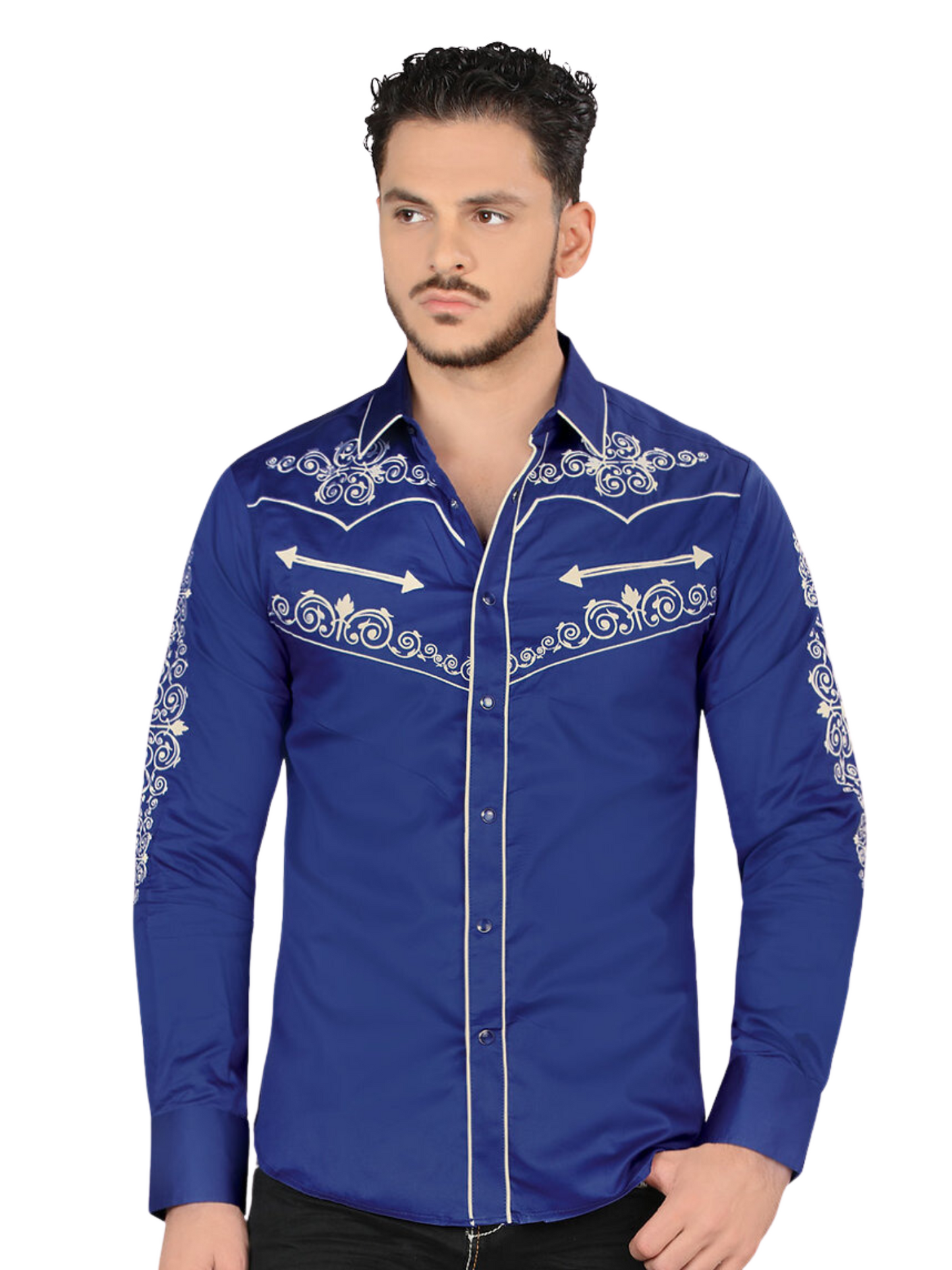 Camisa Vaquera Bordada Manga Larga para Hombre 'Montero' - ID: 3547 Camisas Bordadas Montero Royal Blue