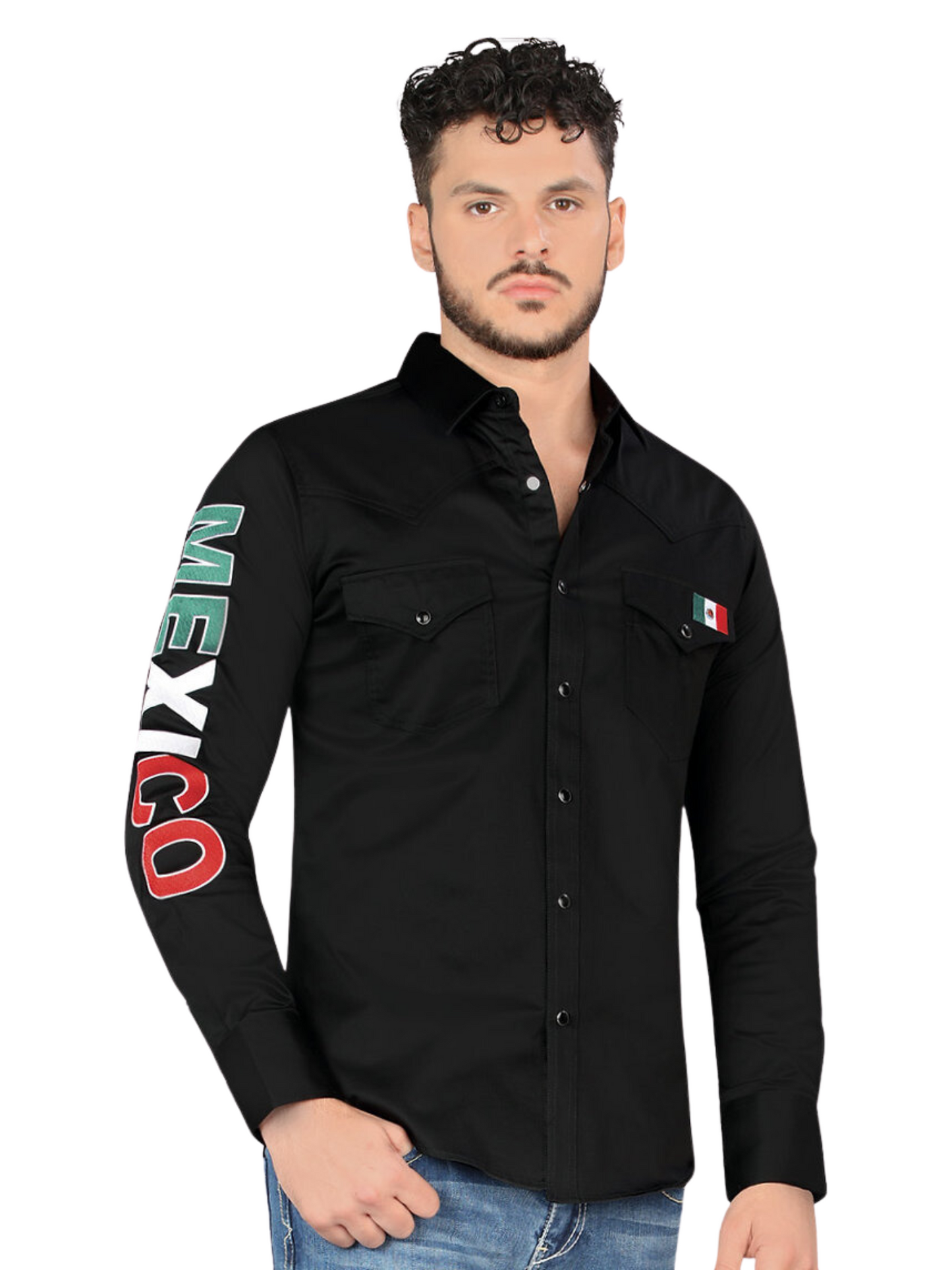 Camisa Vaquera Mexico Manga Larga de Broches para Hombre 'Montero' - ID: 0459 Camisas de Broches Montero Black