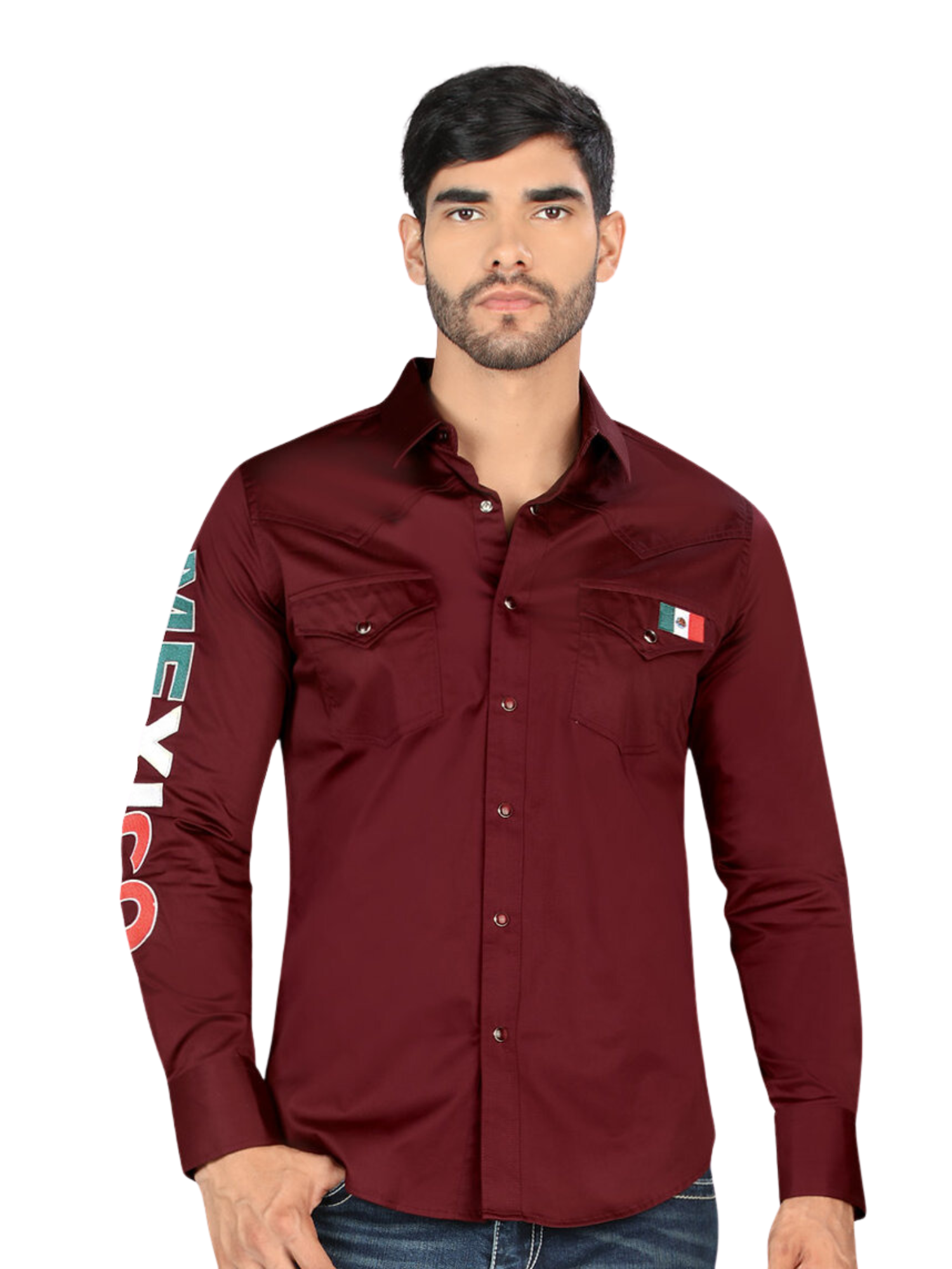 Camisa Vaquera Mexico Manga Larga de Broches para Hombre 'Montero' - ID: 0459 Camisas de Broches Montero Wine