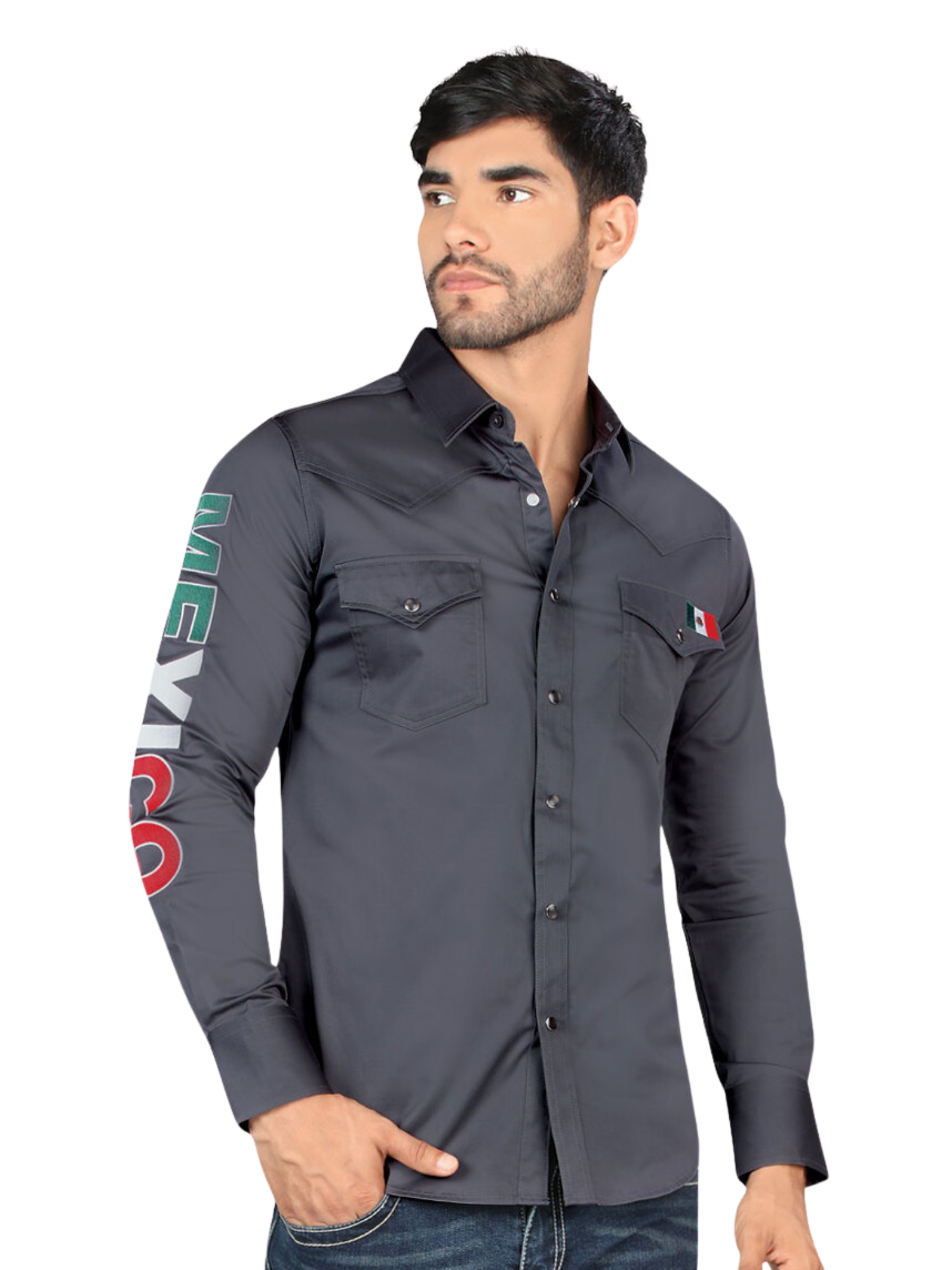 Camisa Vaquera Mexico Manga Larga de Broches para Hombre 'Montero' - ID: 0459 Camisas de Broches Montero Charcoal