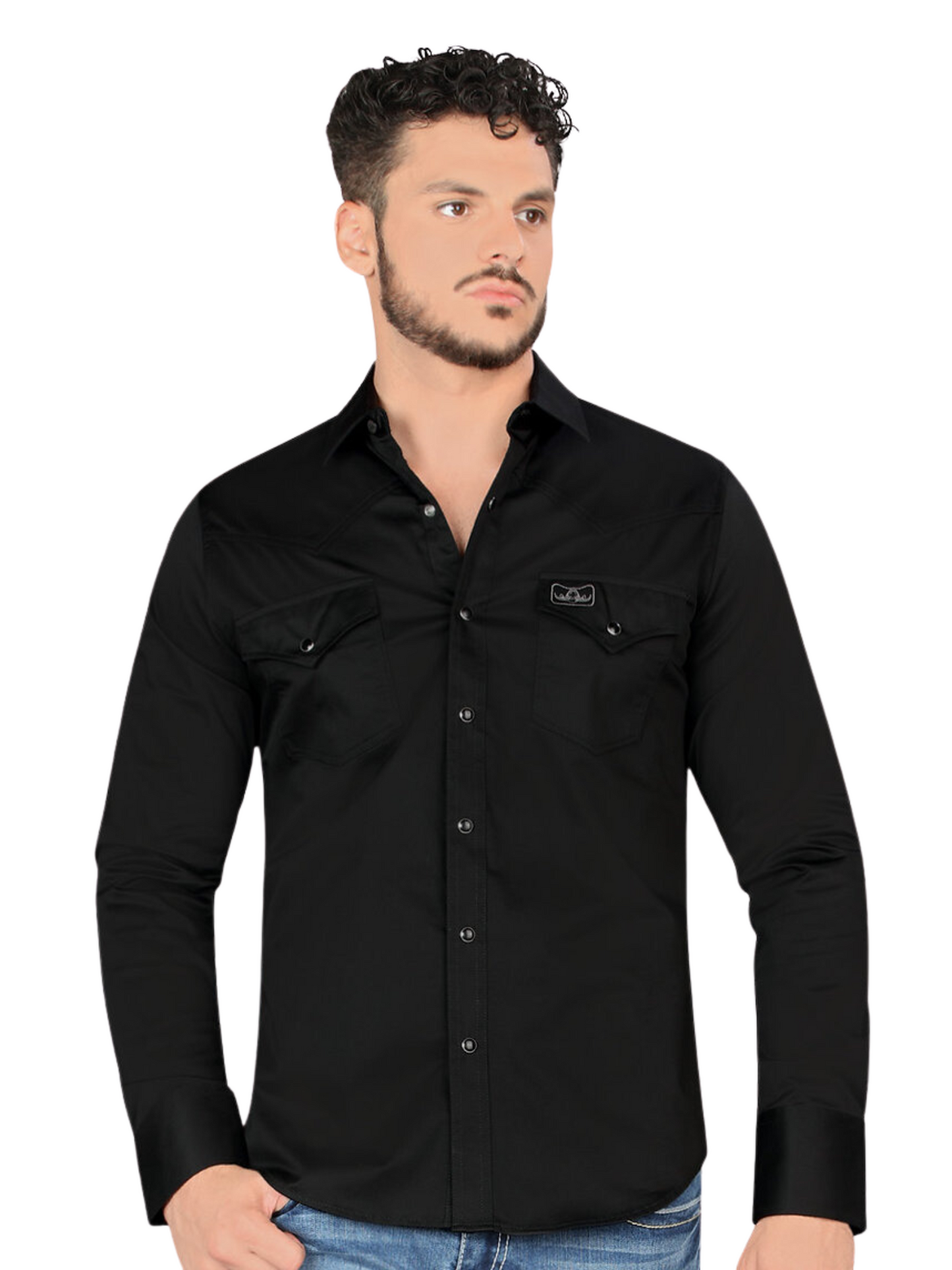 Camisa Vaquera Manga Larga de Bolsillos con Broches para Hombre 'Montero' - ID: 0460 Camisas de Bolsillos Montero Black