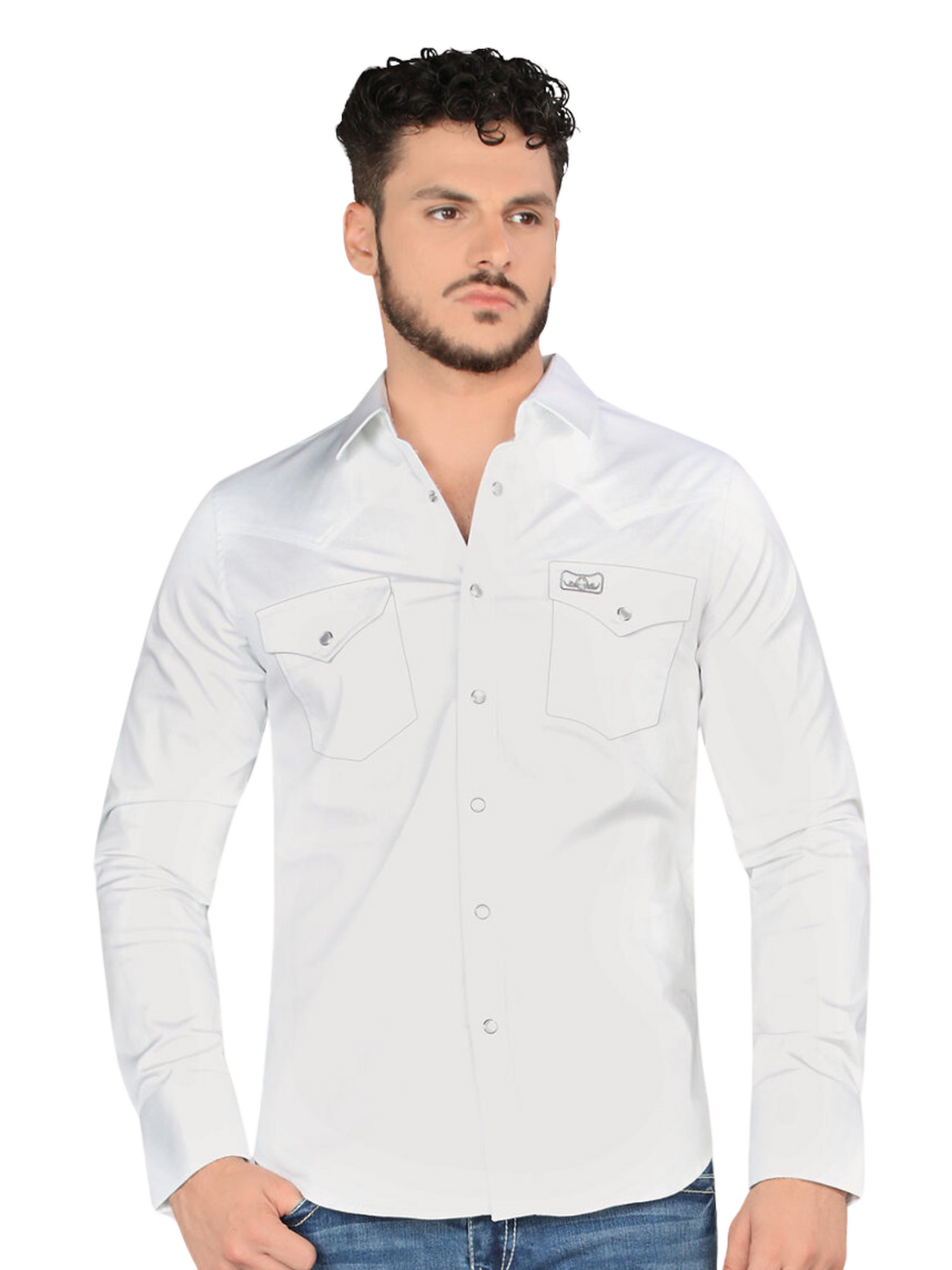 Camisa Vaquera Manga Larga de Bolsillos con Broches para Hombre 'Montero' - ID: 0460 Camisas de Bolsillos Montero White