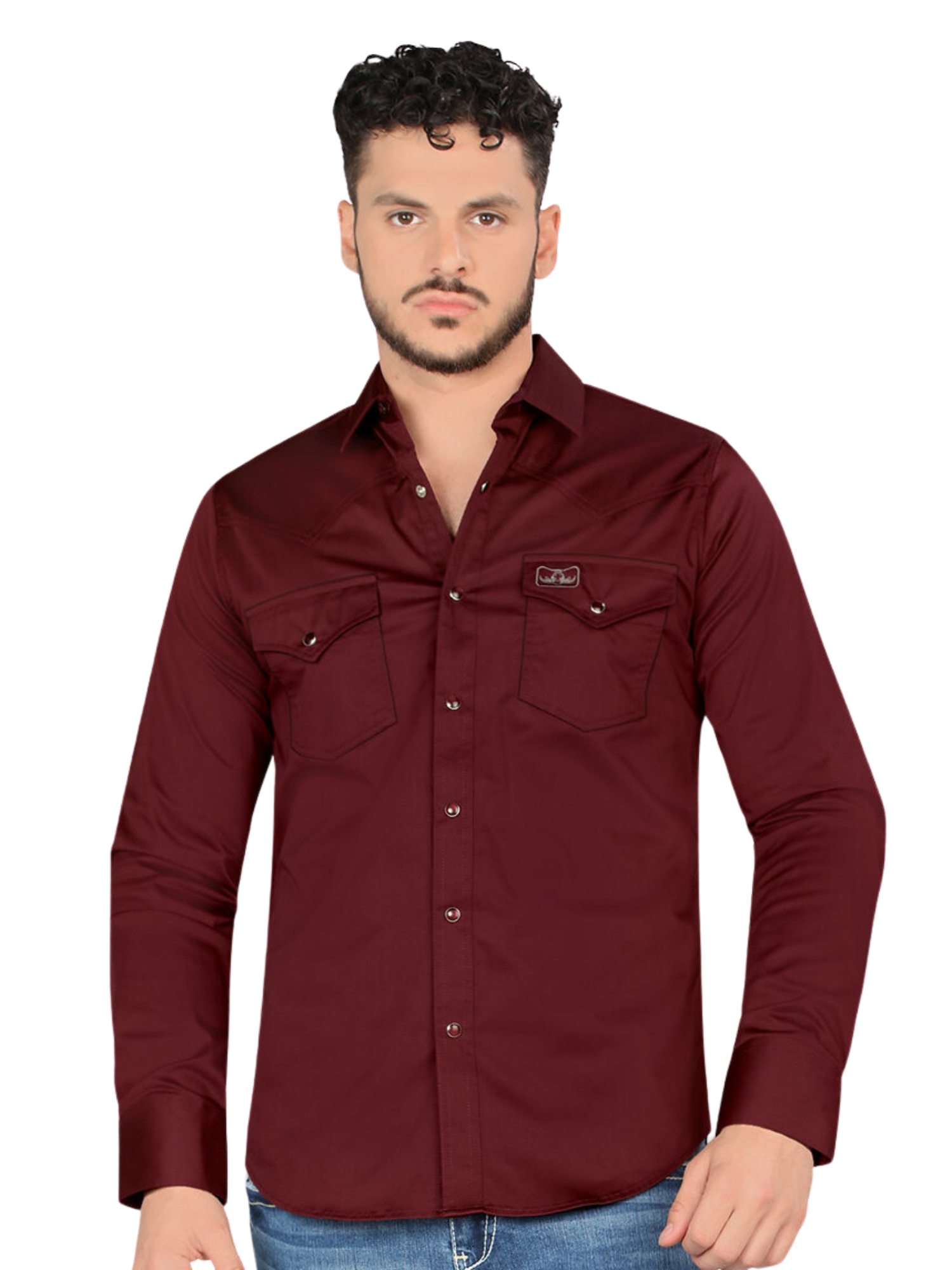 Camisa Vaquera Manga Larga de Bolsillos con Broches para Hombre 'Montero' - ID: 0460 Camisas de Bolsillos Montero Wine