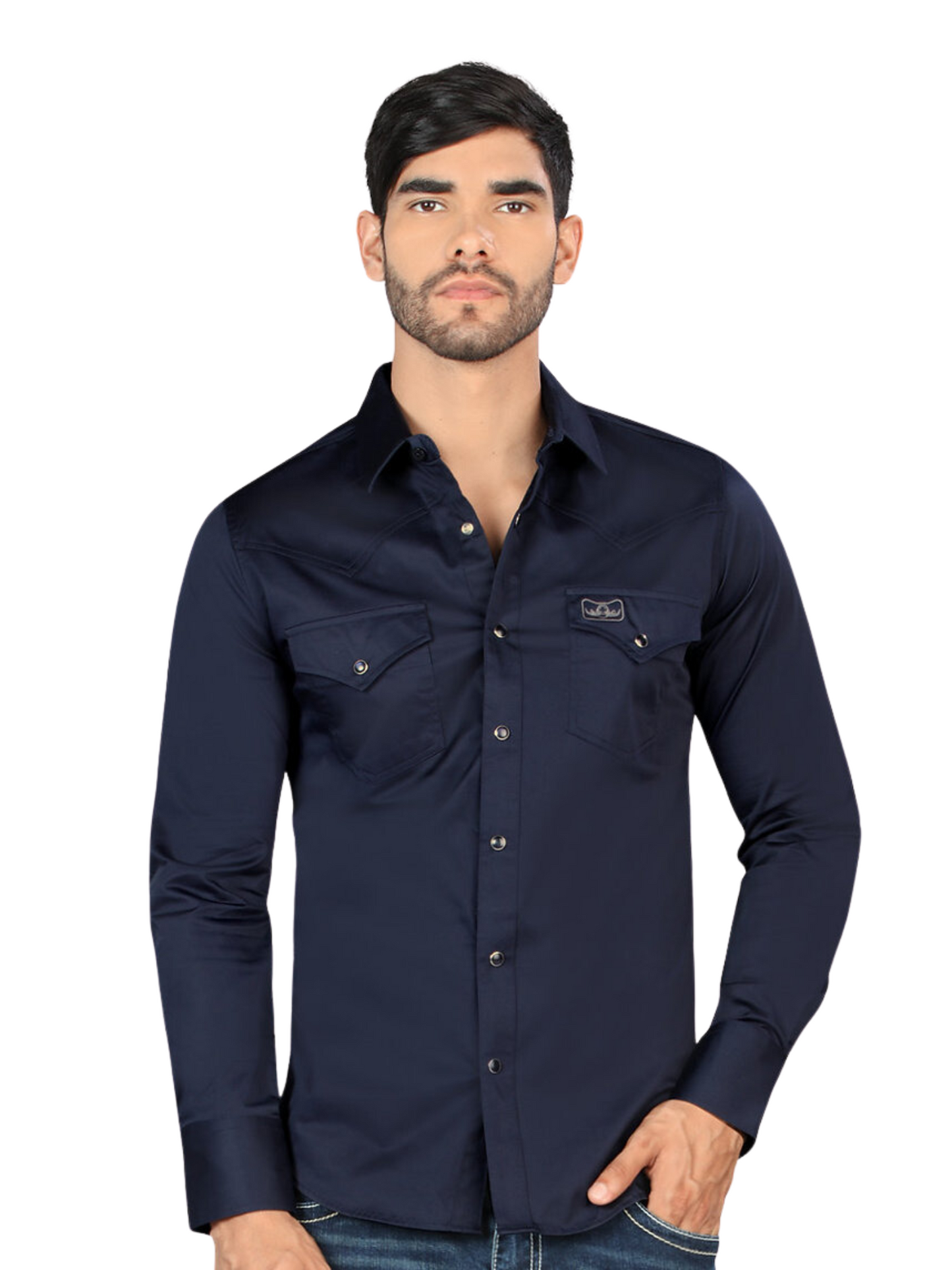 Camisa Vaquera Manga Larga de Bolsillos con Broches para Hombre 'Montero' - ID: 0460 Camisas de Bolsillos Montero Navy