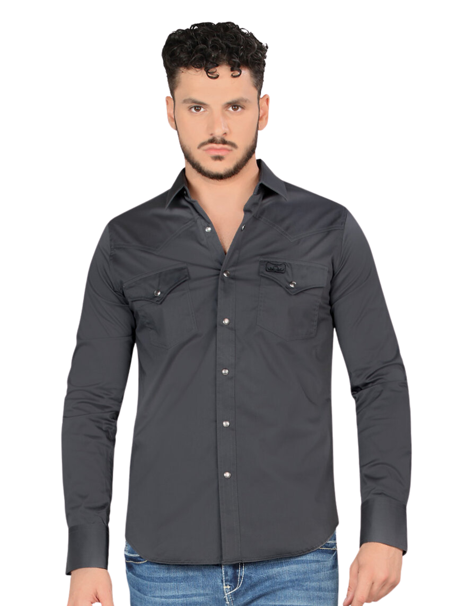 Camisa Vaquera Manga Larga de Bolsillos con Broches para Hombre 'Montero' - ID: 0460 Camisas de Bolsillos Montero Charcoal