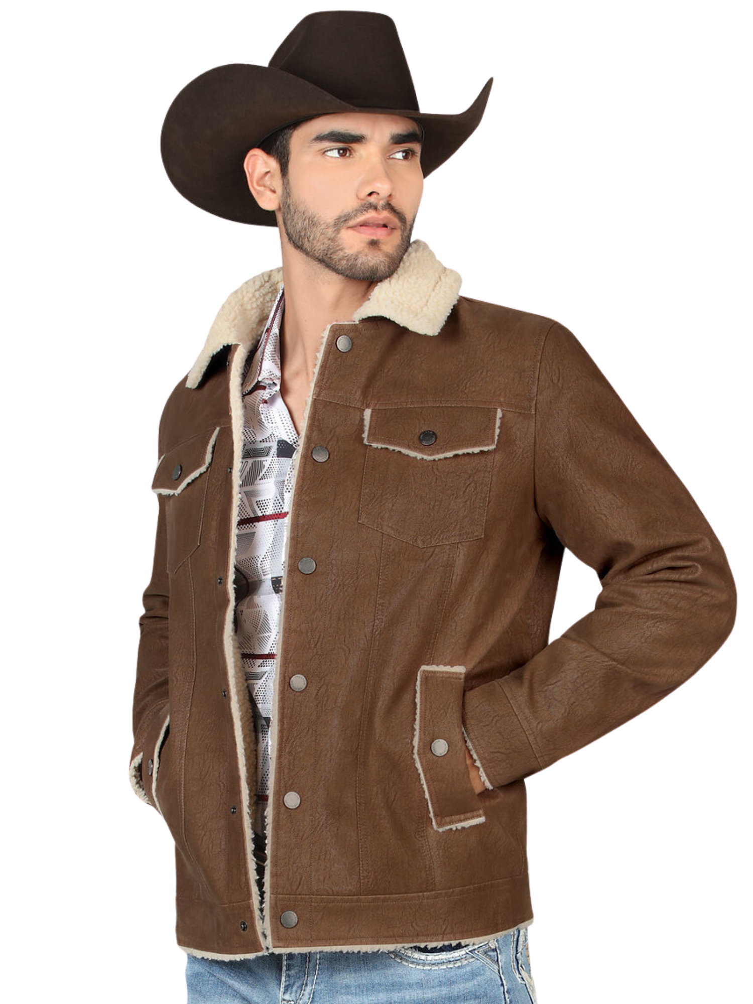 Chamarra Vaquera Termica de Forro Afelpado (Tipo Borrego) con Broches para Hombre 'Montero' - ID: 0892 Chamarras Termicas Montero Camel