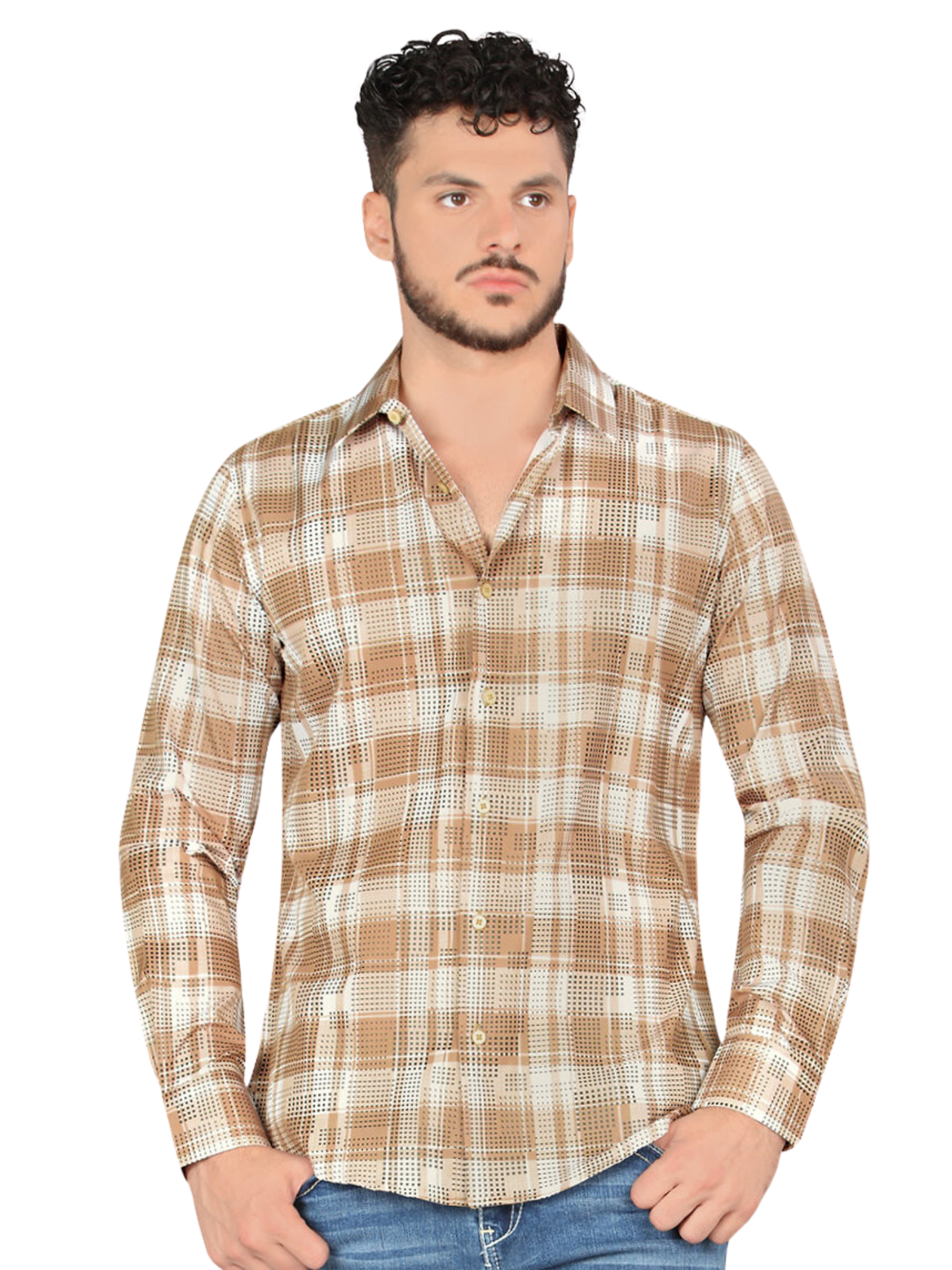 Camisa Vaquera Manga Larga Estampada Cuadros para Hombre 'Montero' - ID: 4010 Camisas de Cuadros Montero Beige