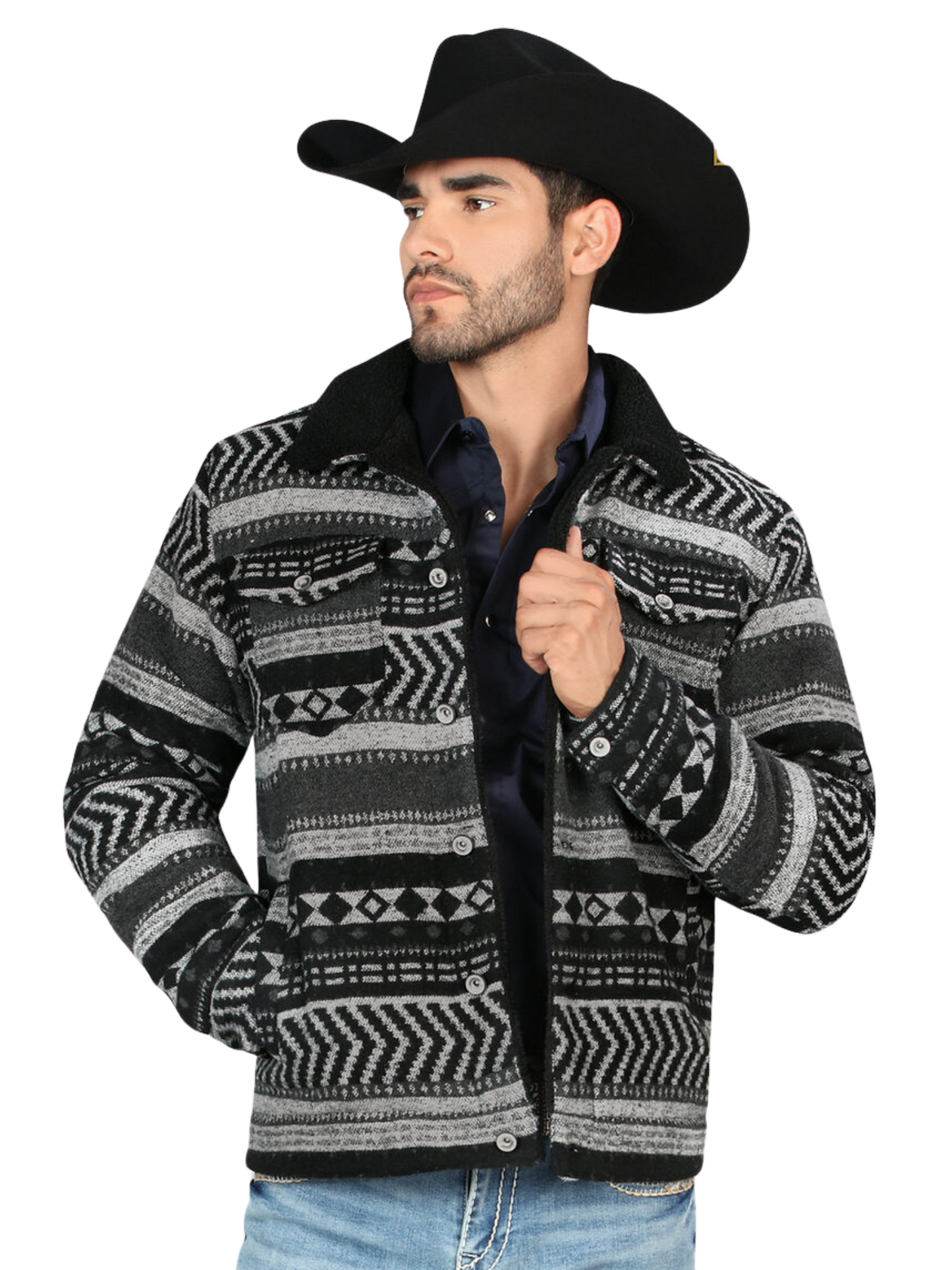 Chamarra Casual Termica de Forro Afelpado (Tipo Borrego) Estampada Aztec para Hombre 'Montero' - ID: 0898 Chamarras Termicas Montero Black