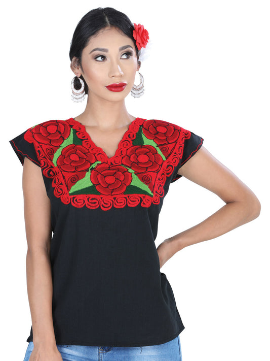 Blusa Artesanal Cuello V Bordada de Flores para Mujer Blusas Artesanales Mexico Artesanal Black