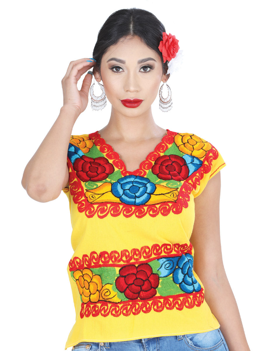 Blusa Artesanal Cuello V Bordada de Flores para Mujer Blusas Artesanales Mexico Artesanal Yellow