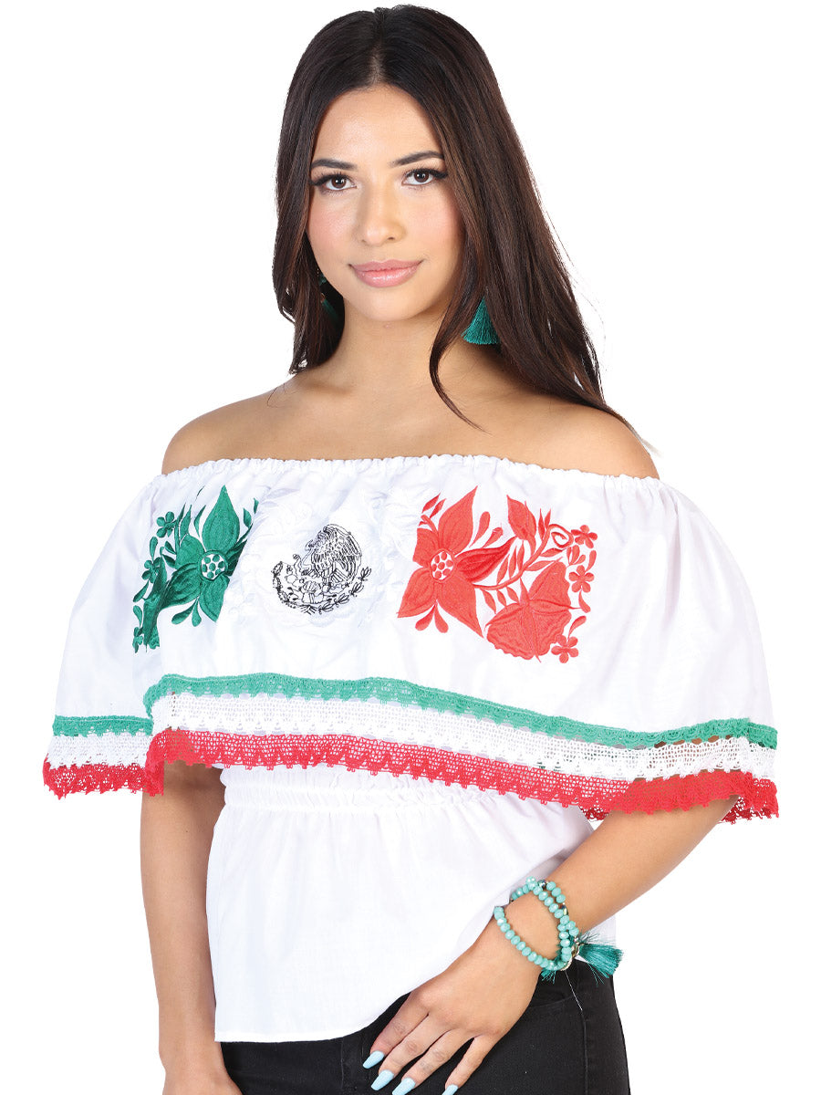Blusa Artesanal de Olan Bordada Tricolor para Mujer Handmade Blouse Mexico Artesanal White
