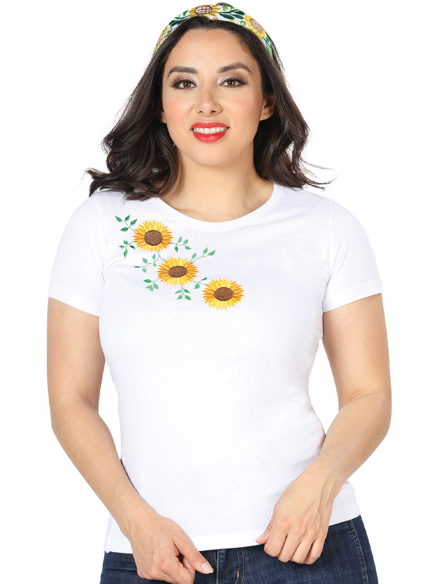 Playera Artesanal Cuello Redondo Bordada de Girasoles para Mujer Blusas Artesanales Mexico Artesanal White