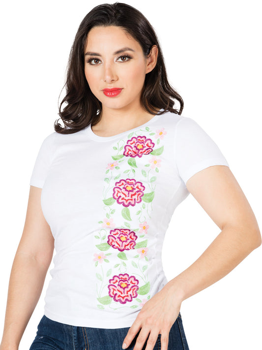 Playera Artesanal Cuello Redondo Bordada de Flores para Mujer Blusas Artesanales Mexico Artesanal White