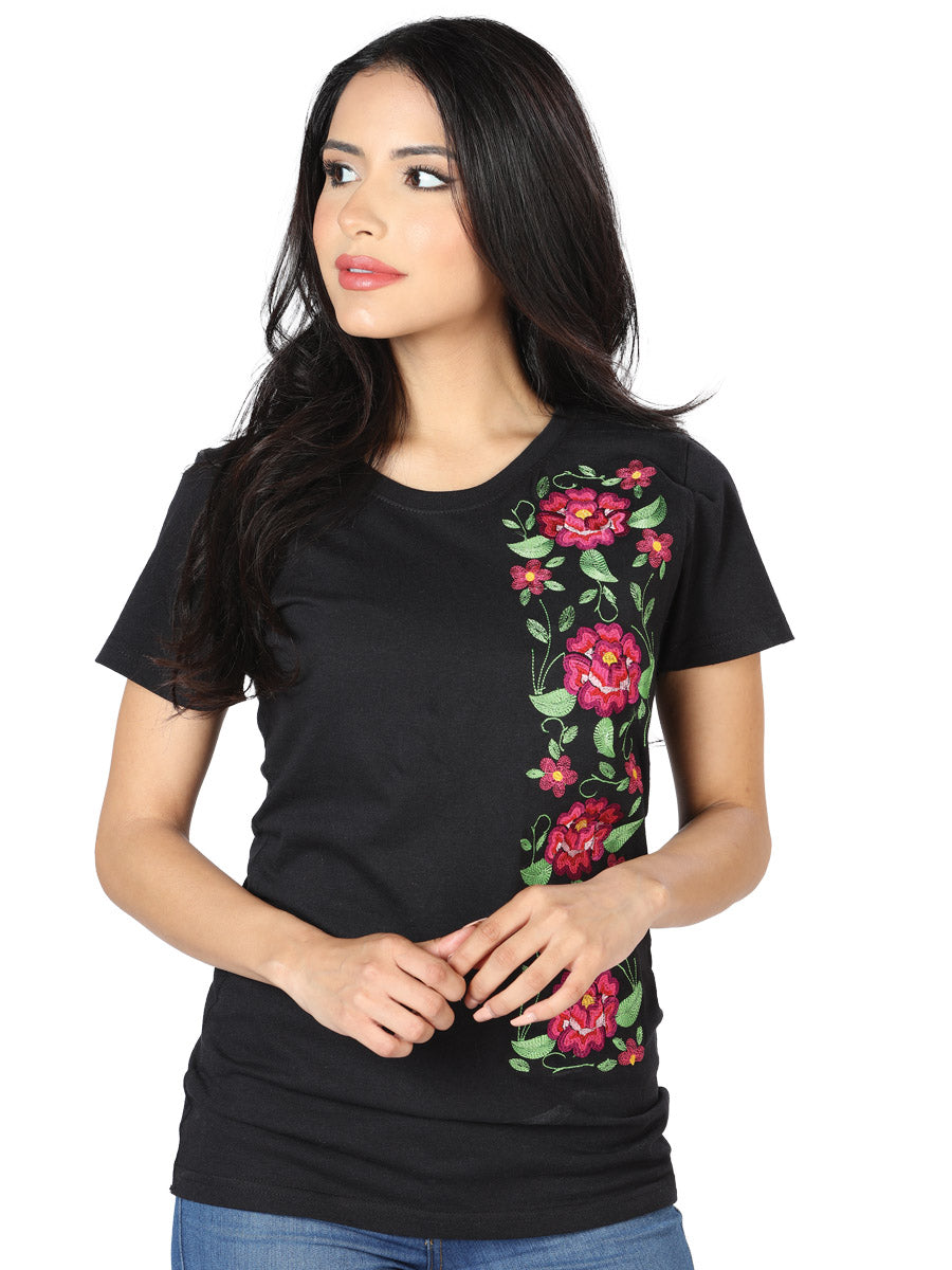 Playera Artesanal Cuello Redondo Bordada de Flores para Mujer Blusas Artesanales Mexico Artesanal Black