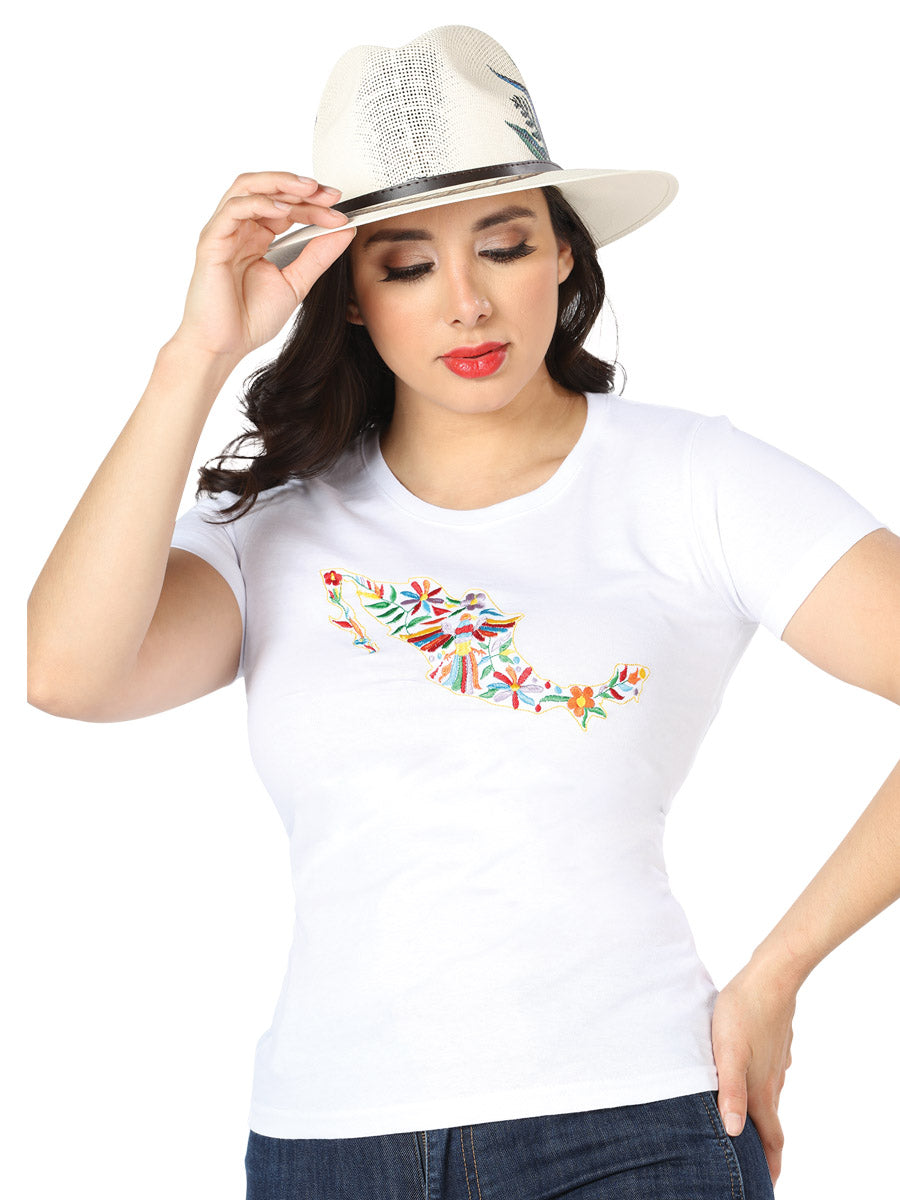 Playera Artesanal Cuello Redondo Bordada Mapa de Mexico para Mujer Blusas Artesanales Mexico Artesanal White