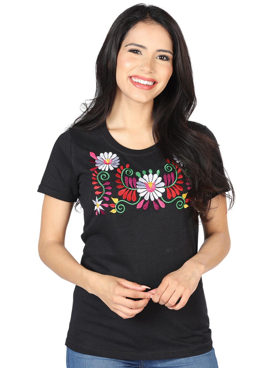 Playera Artesanal Cuello Redondo Bordada de Flores para Mujer Blusas Artesanales Mexico Artesanal Black