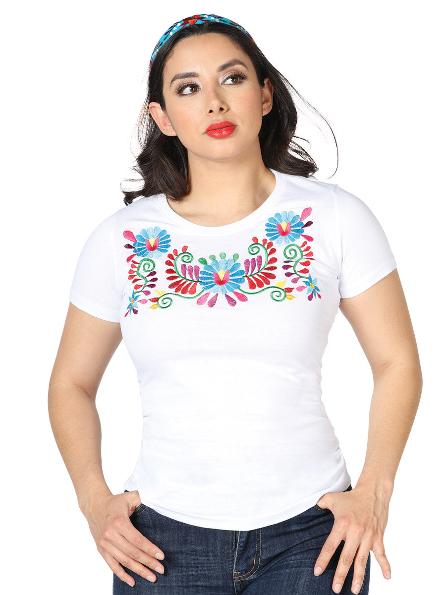 Playera Artesanal Cuello Redondo Bordada de Flores para Mujer Blusas Artesanales Mexico Artesanal White