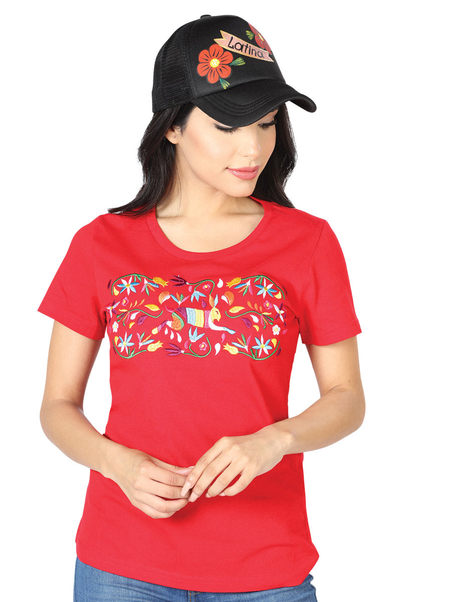 Playera Artesanal Cuello Redondo Bordada Conejo y Flores para Mujer Blusas Artesanales Mexico Artesanal Red