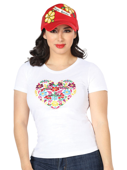 Playera Artesanal Cuello Redondo Bordada Corazon con Flores para Mujer Blusas Artesanales Mexico Artesanal White