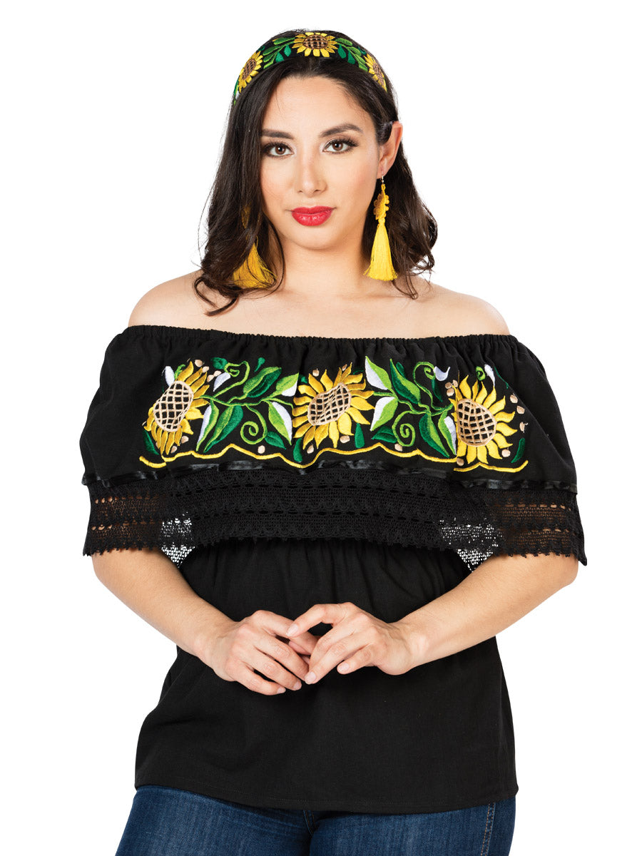 Blusa Artesanal de Olan Bordada de Girasoles para Mujer Handmade Blouse Mexico Artesanal Black