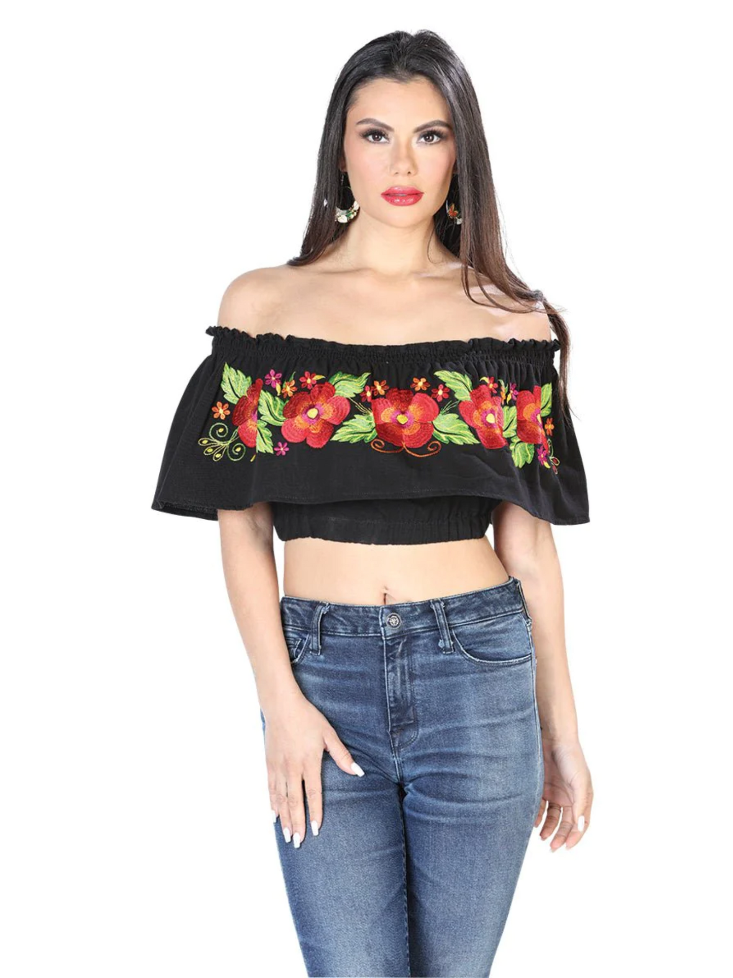 Olan Artisanal Short Blouse Embroidered with Flowers for Women Handmade Crop Top Mexico Artesanal Black