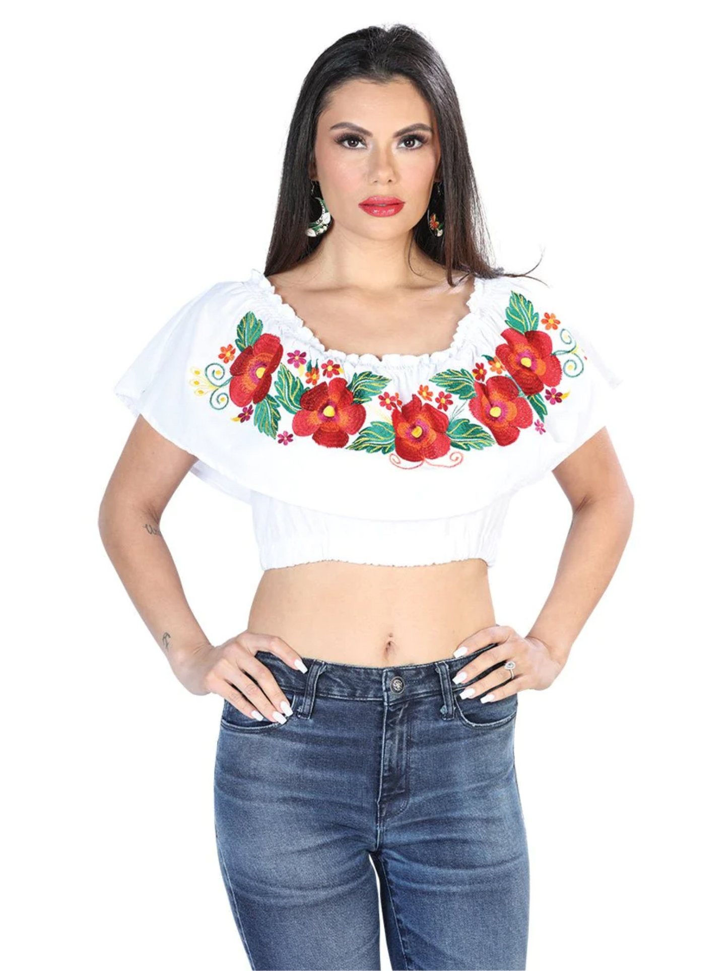 Olan Artisanal Short Blouse Embroidered with Flowers for Women Handmade Crop Top Mexico Artesanal White