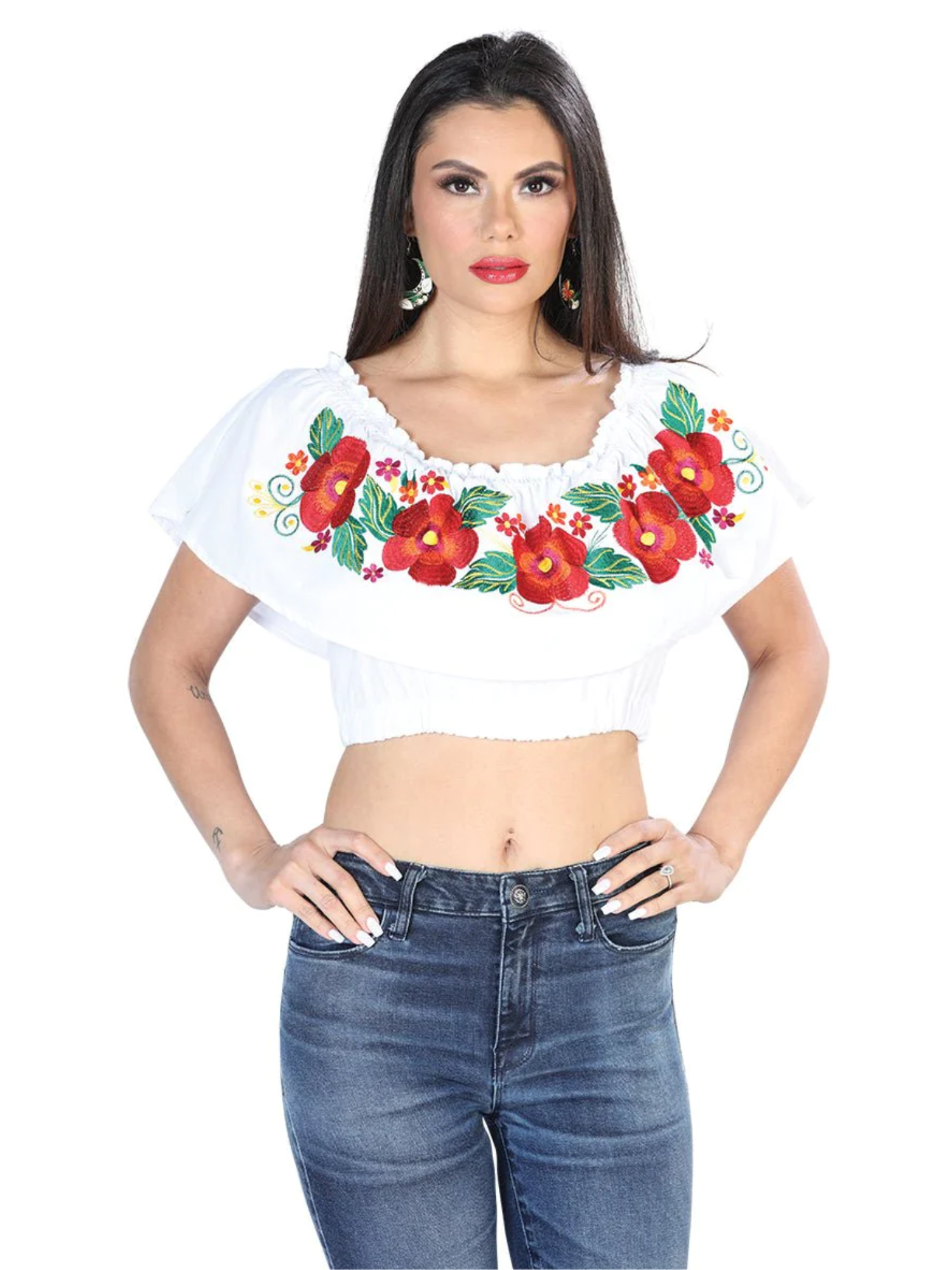 Blusa Corta Artesanal de Olan Bordada de Flores para Mujer Handmade Crop Top Mexico Artesanal White