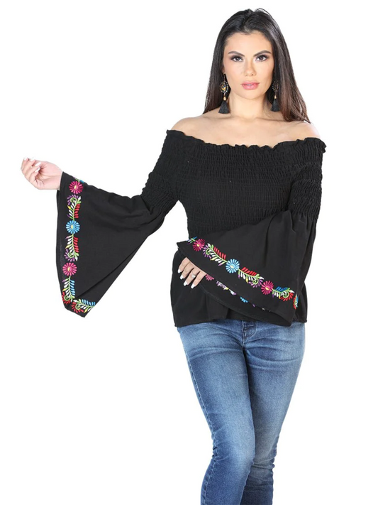 Handmade Embroidered Flare Sleeve Blouse for Women Handmade Blouse Mexico Artesanal Black