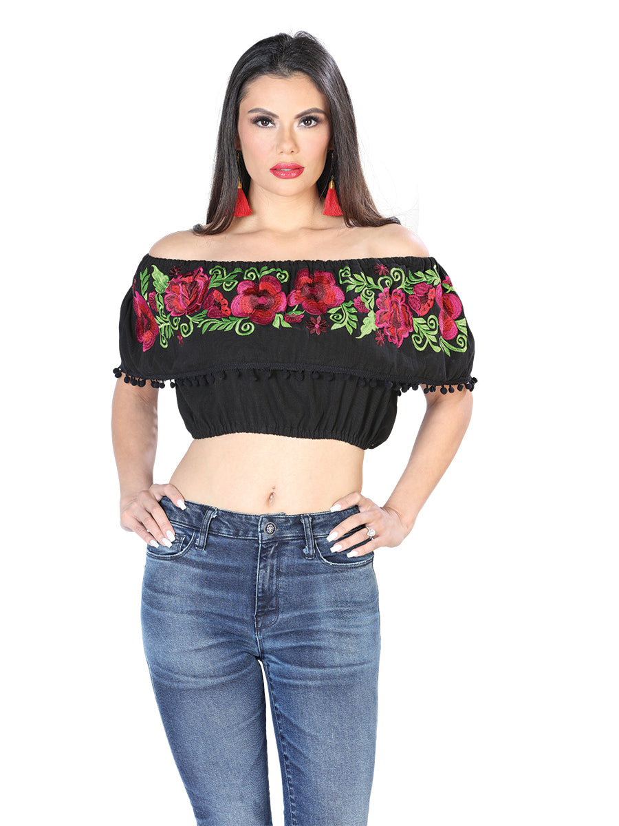 Blusa Corta Artesanal de Olan Bordada de Flores para Mujer Handmade Crop Top Mexico Artesanal Black
