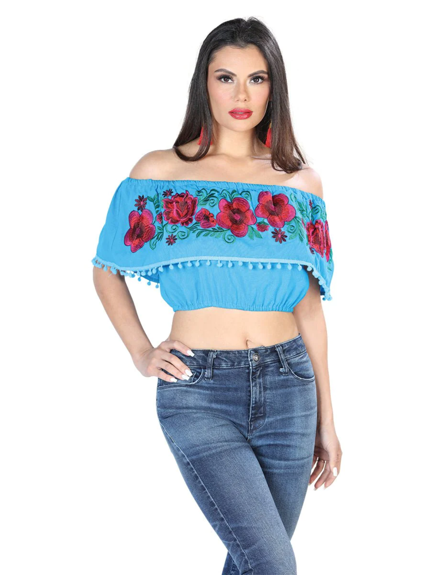 Blusa Corta Artesanal de Olan Bordada de Flores para Mujer Handmade Crop Top Mexico Artesanal Turquoise