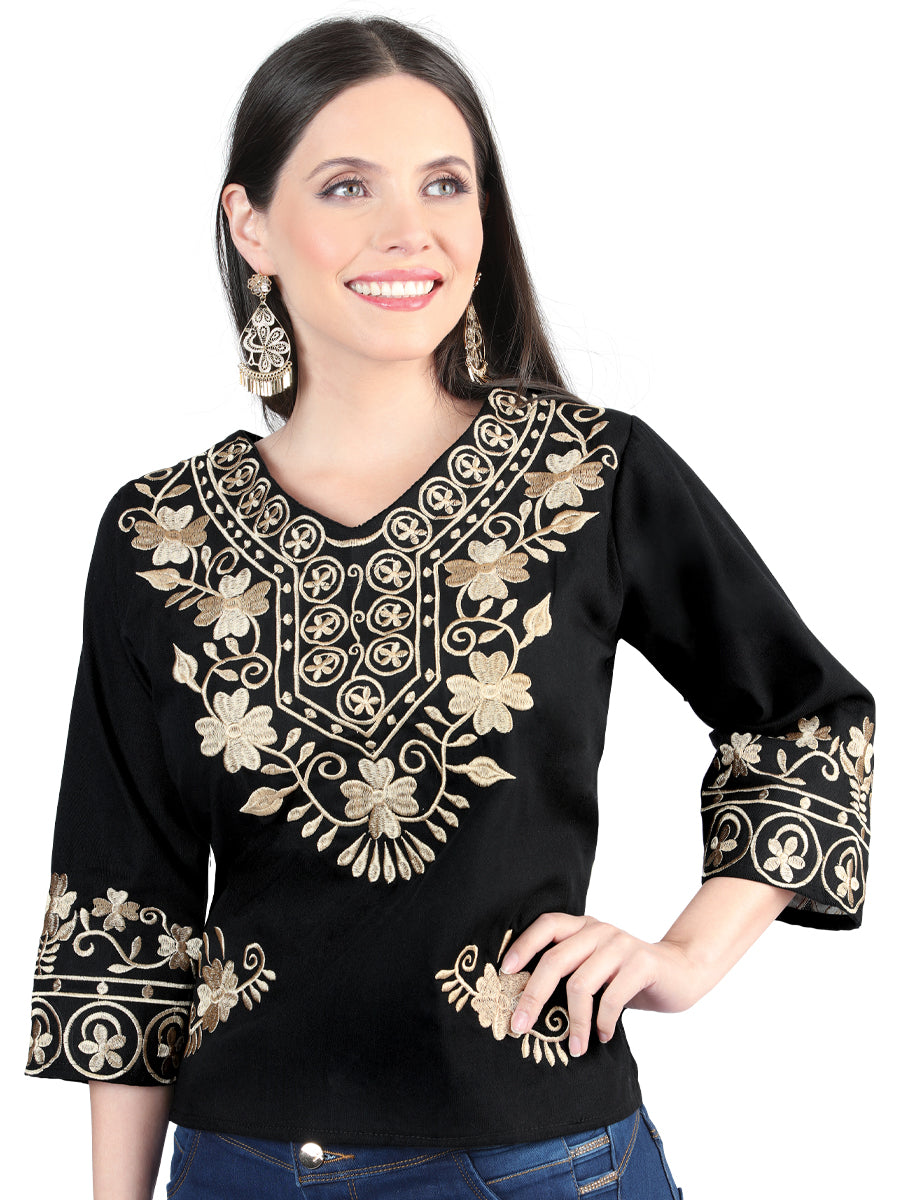 Blusa Artesanal Manga 3/4 Bordada de Flores para Mujer Blusas Artesanales Mexico Artesanal Black