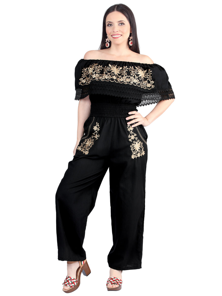 Palazzo Jumpsuit Artesanal Bordado de Flores para Mujer Jumpsuits Artesanales Mexico Artesanal Black