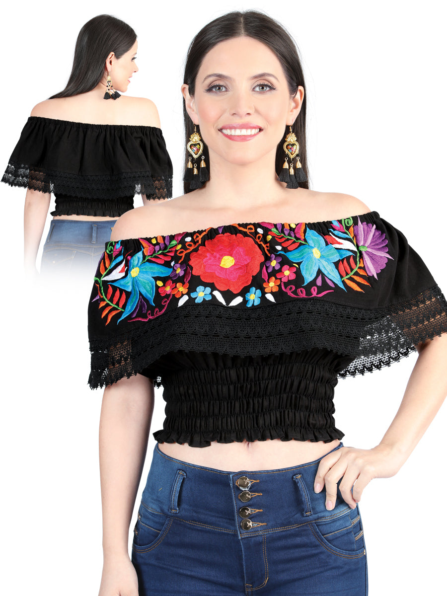 Blusa Corta Artesanal de Olan Bordada de Flores para Mujer Blusas Artesanales Mexico Artesanal Black