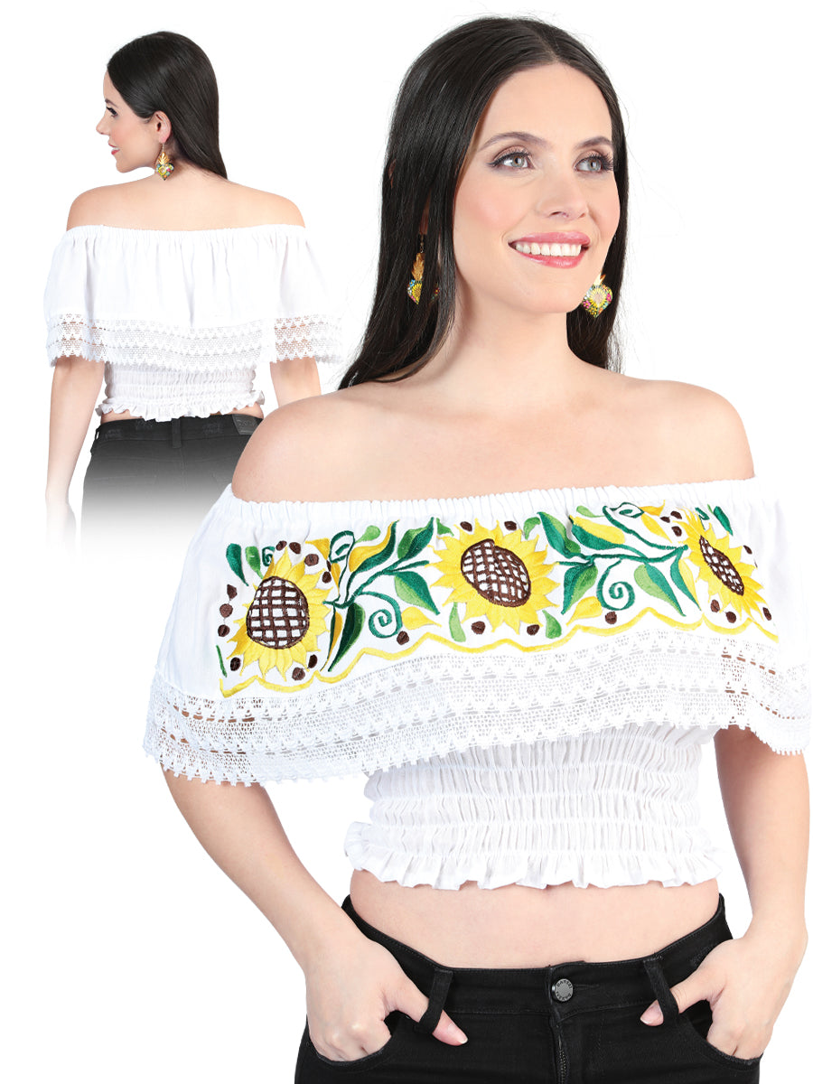 Blusa Corta Artesanal de Olan Bordada de Girasoles para Mujer Blusas Artesanales Mexico Artesanal White