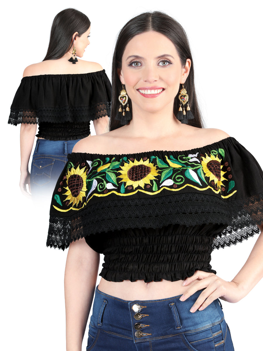 Blusa Corta Artesanal de Olan Bordada de Girasoles para Mujer Blusas Artesanales Mexico Artesanal Black