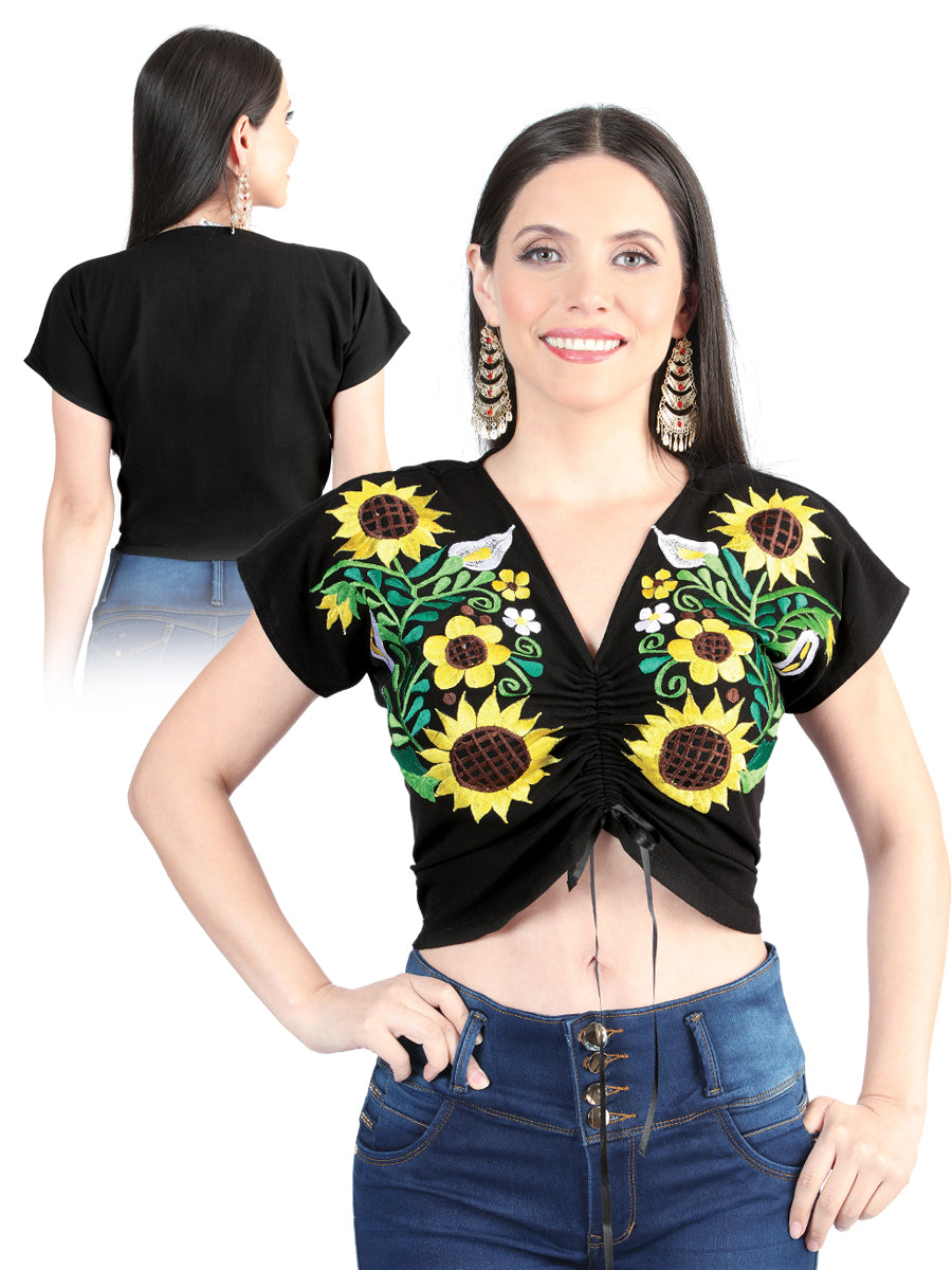 Blusa Corta Artesanal Manga Corta Bordada de Girasoles para Mujer Blusas Artesanales Mexico Artesanal Black