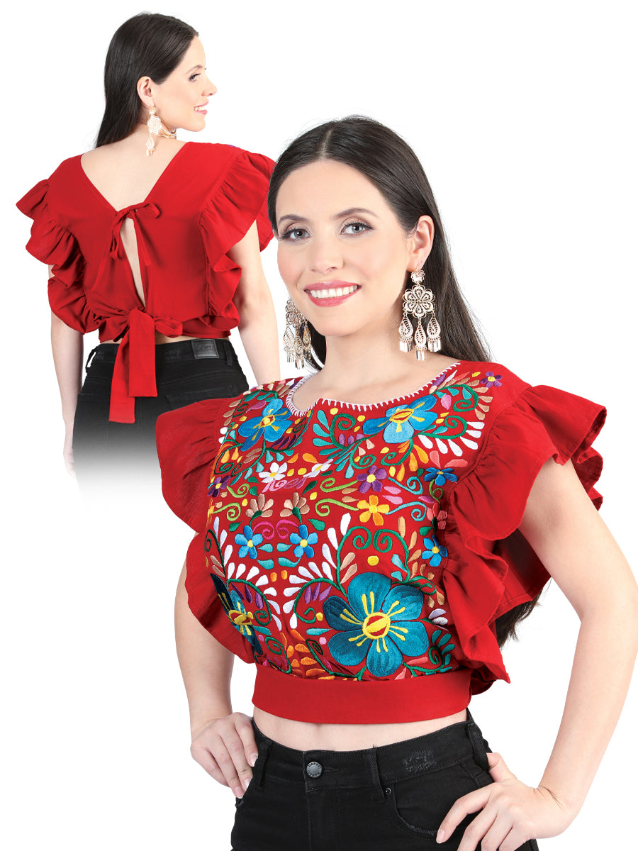 Blusa Corta Artesanal con Mangas de Olan Bordada de Flores para Mujer Blusas Artesanales Mexico Artesanal Red