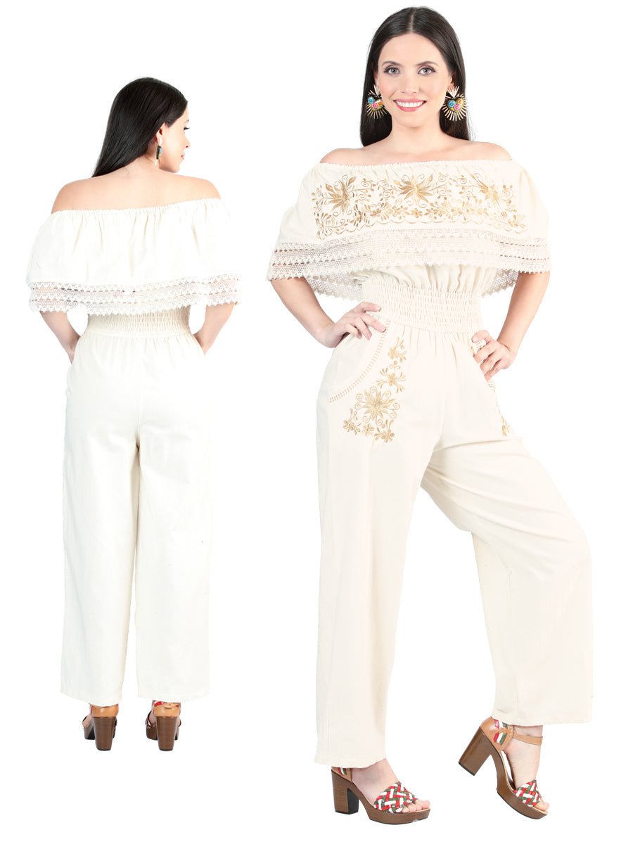 Palazzo Jumpsuit Artesanal Bordado de Flores para Mujer Jumpsuits Artesanales Mexico Artesanal Beige