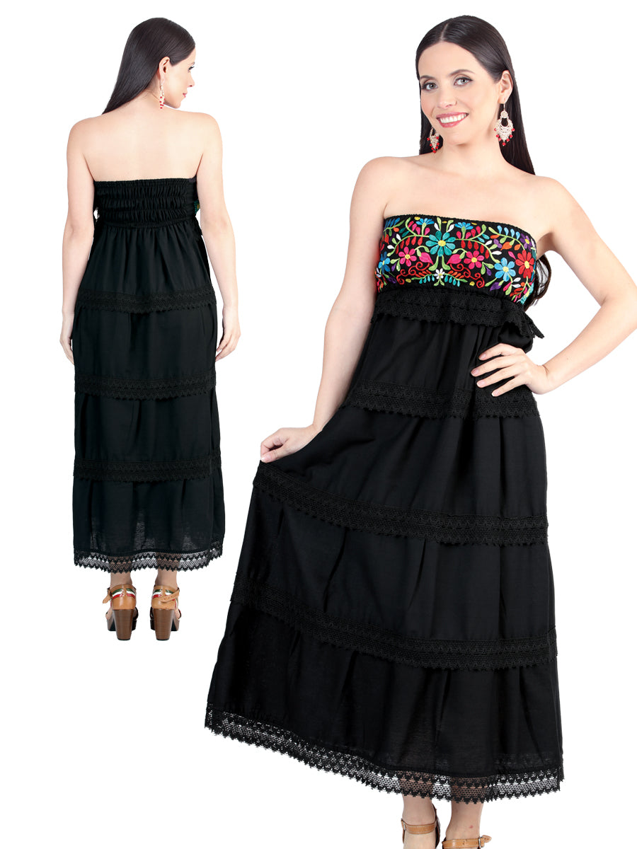 Vestido Artesanal Strapless Bordado de Flores para Mujer Vestidos Artesanales Mexico Artesanal Black