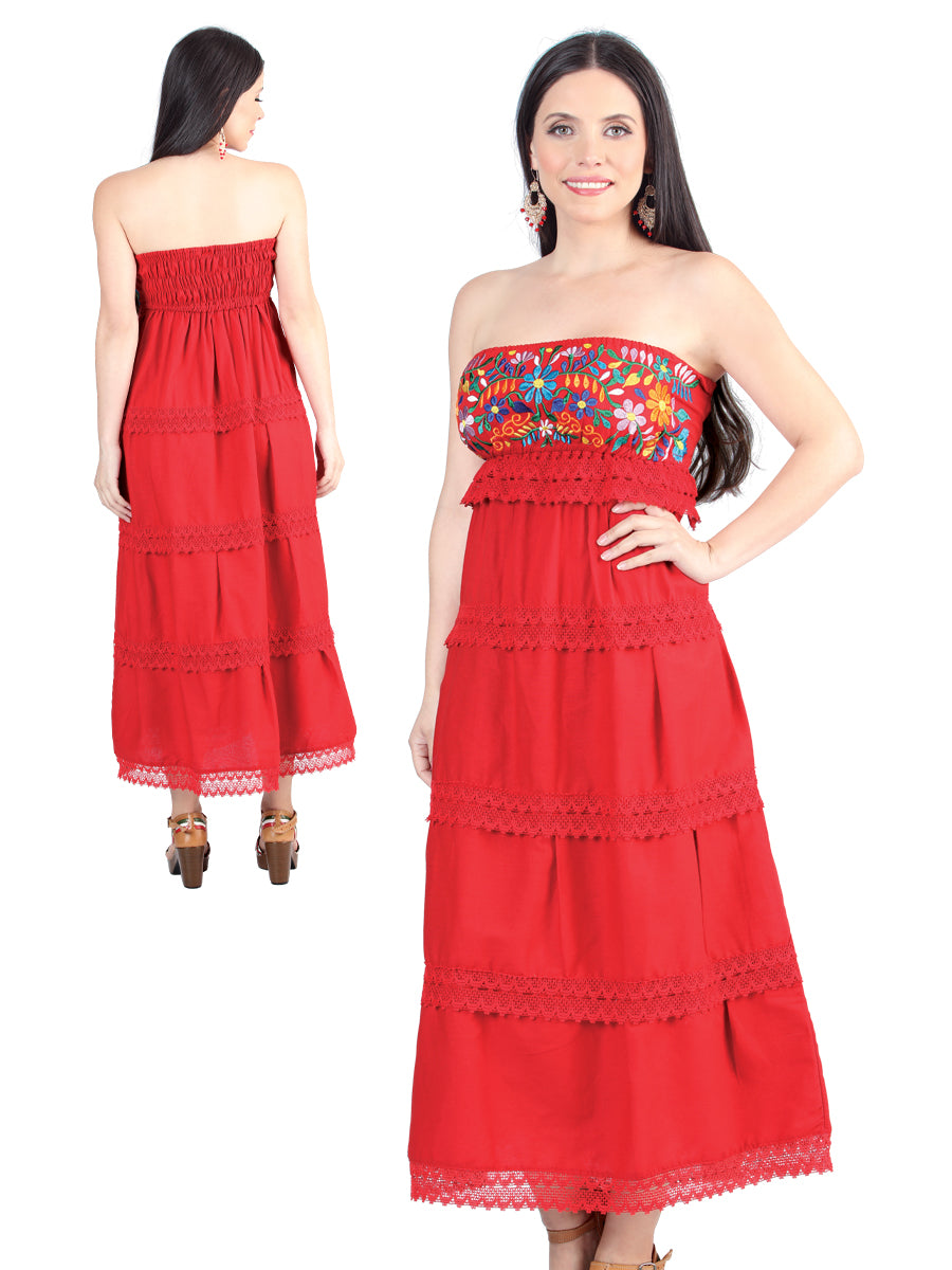 Vestido Artesanal Strapless Bordado de Flores para Mujer Vestidos Artesanales Mexico Artesanal Red