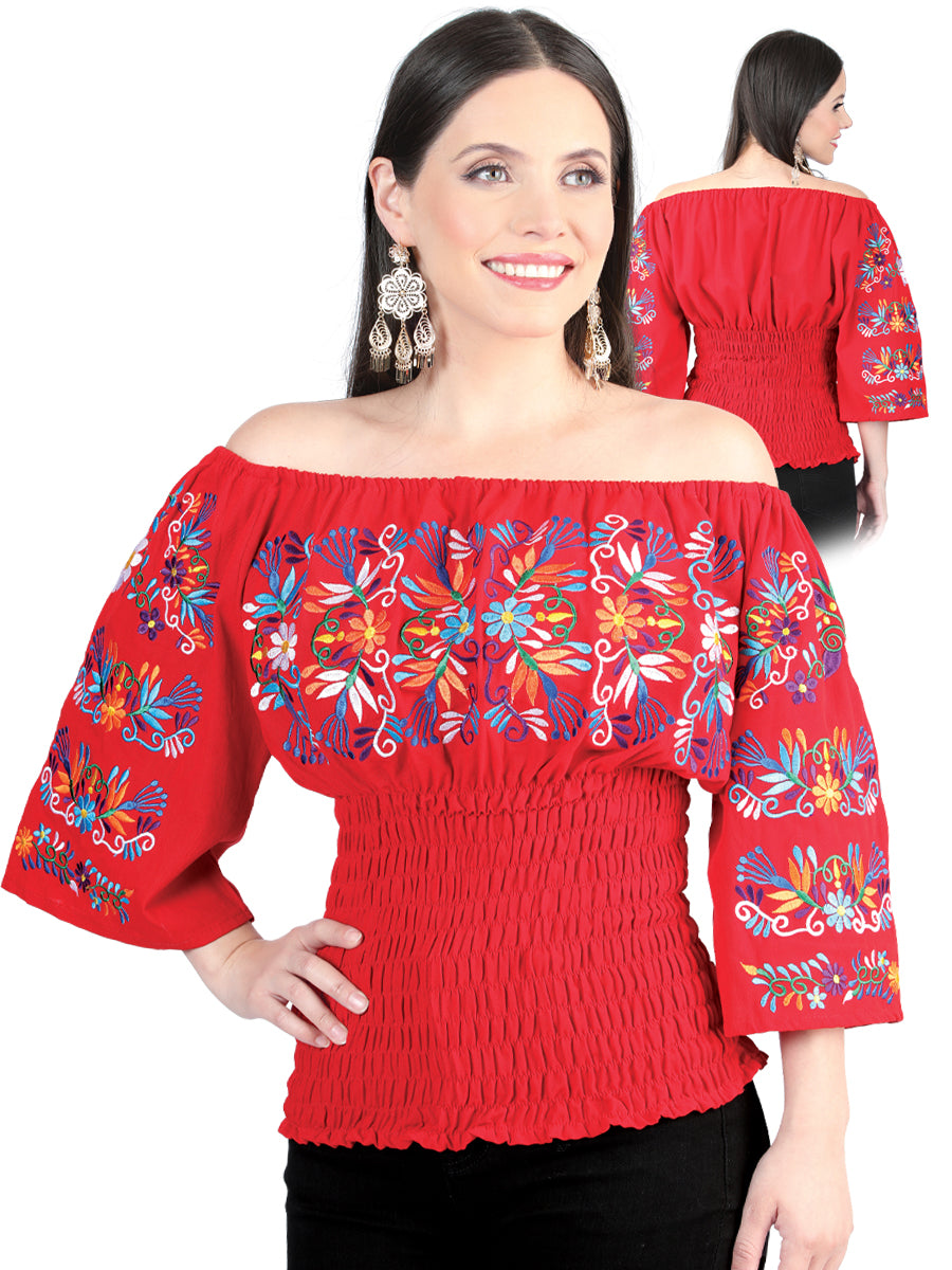 Blusa Artesanal Manga 3/4 Bordada de Flores para Mujer Blusas Artesanales Mexico Artesanal Red