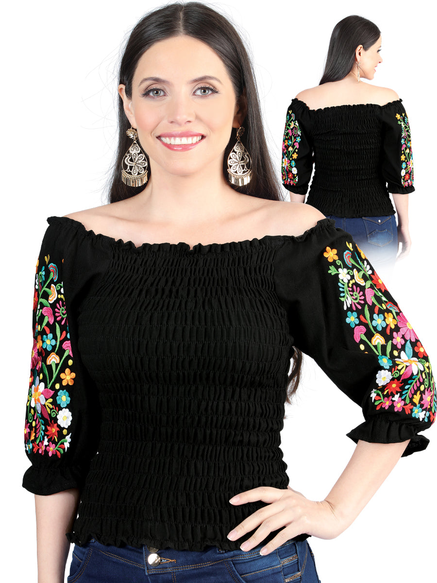 Blusa Artesanal Manga 3/4 Bordada de Flores para Mujer Blusas Artesanales Mexico Artesanal Black